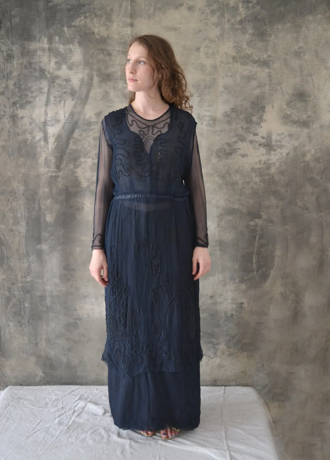 1920s Navy Silk Beaded Flapper Dress