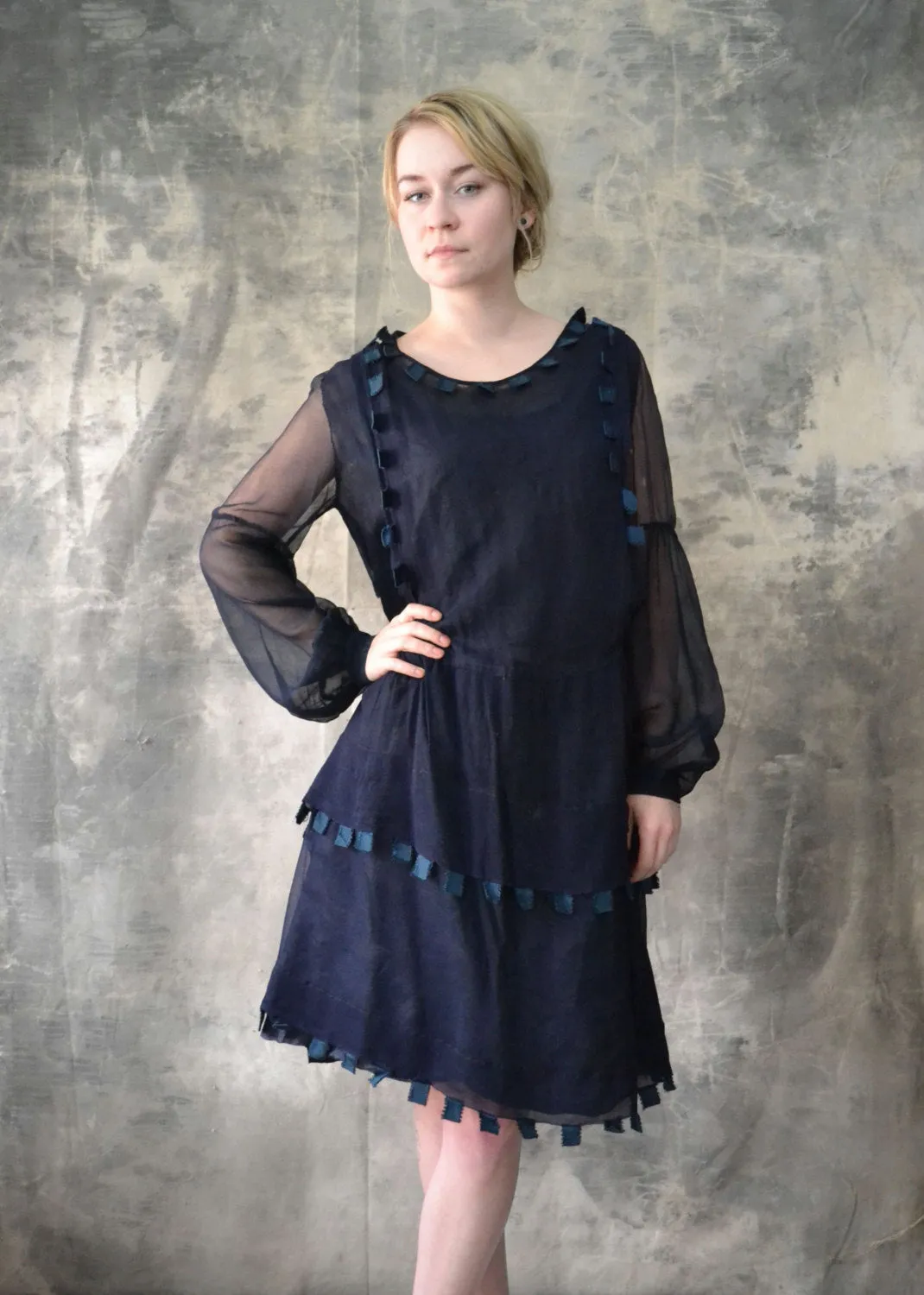 1920s Sheer Navy Silk Flapper Dress