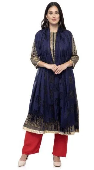 A R Silk Women's Cotton Window Check Navy Blue Regular Dupatta