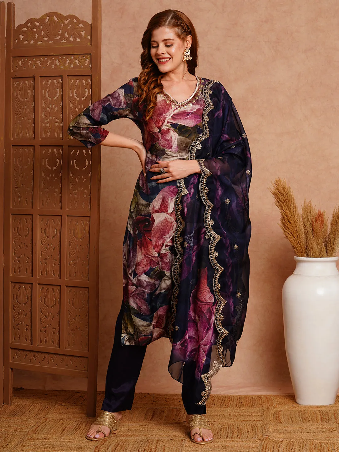 Abstract Floral Printed & Hand Embroidered Straight Fit Kurta with Pant and Dupatta - Navy Blue