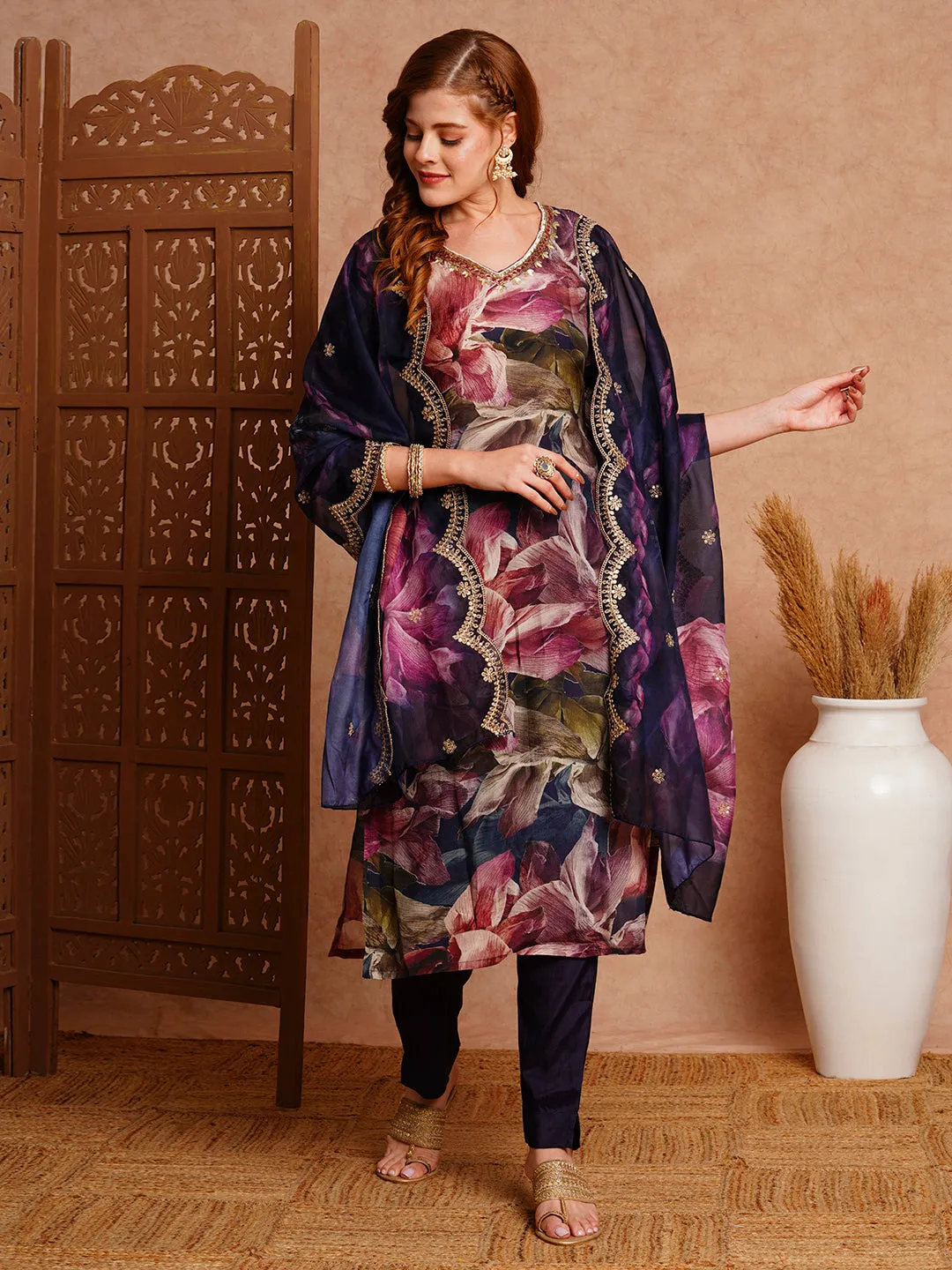 Abstract Floral Printed & Hand Embroidered Straight Fit Kurta with Pant and Dupatta - Navy Blue