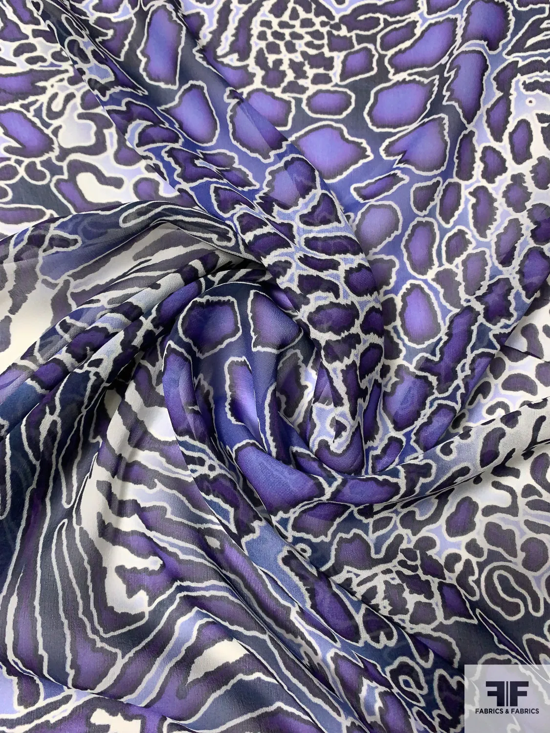 Animal Pattern Printed Silk Chiffon - Shades of Purple / Navy / Off-White