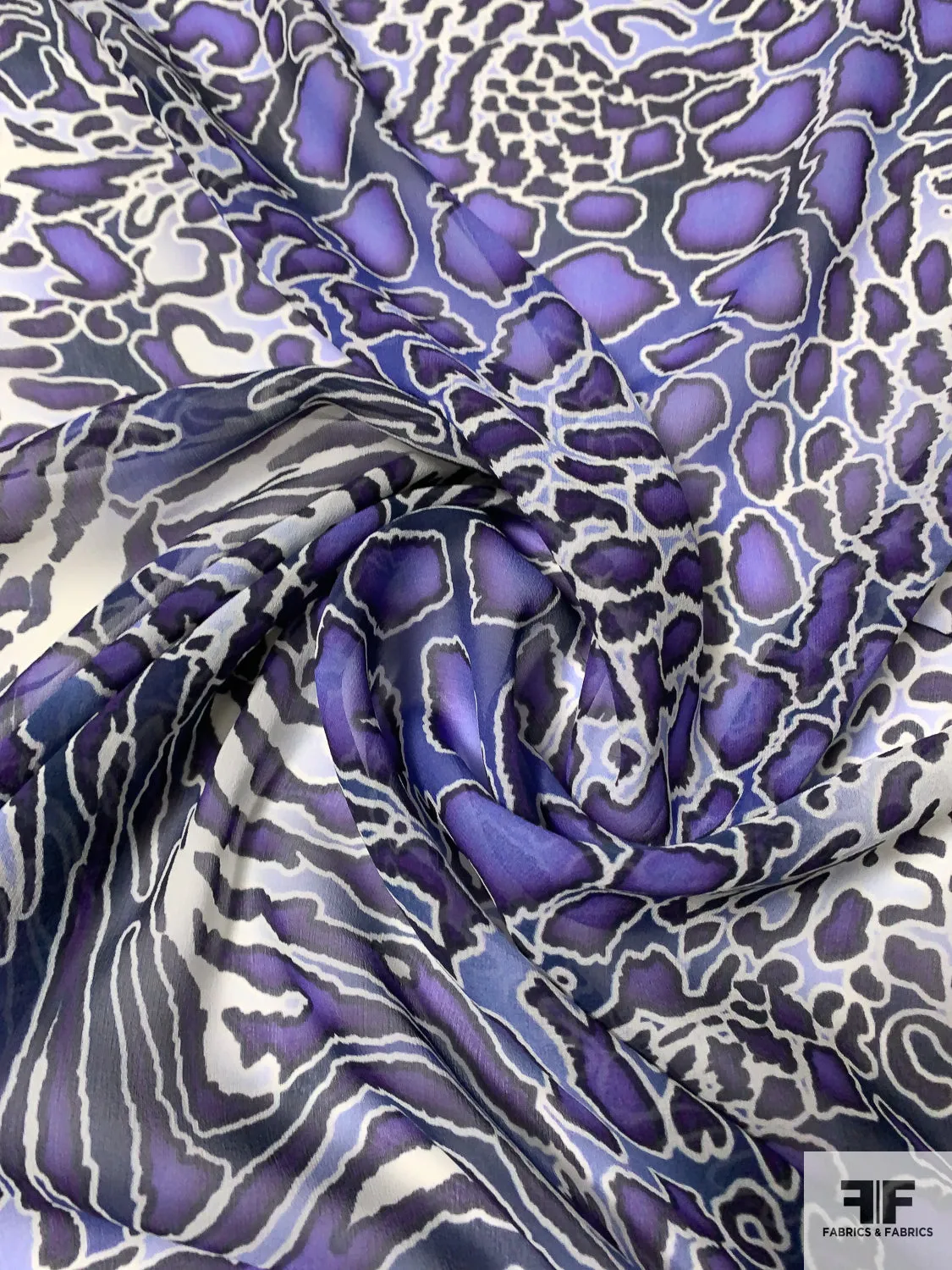 Animal Pattern Printed Silk Chiffon - Shades of Purple / Navy / Off-White