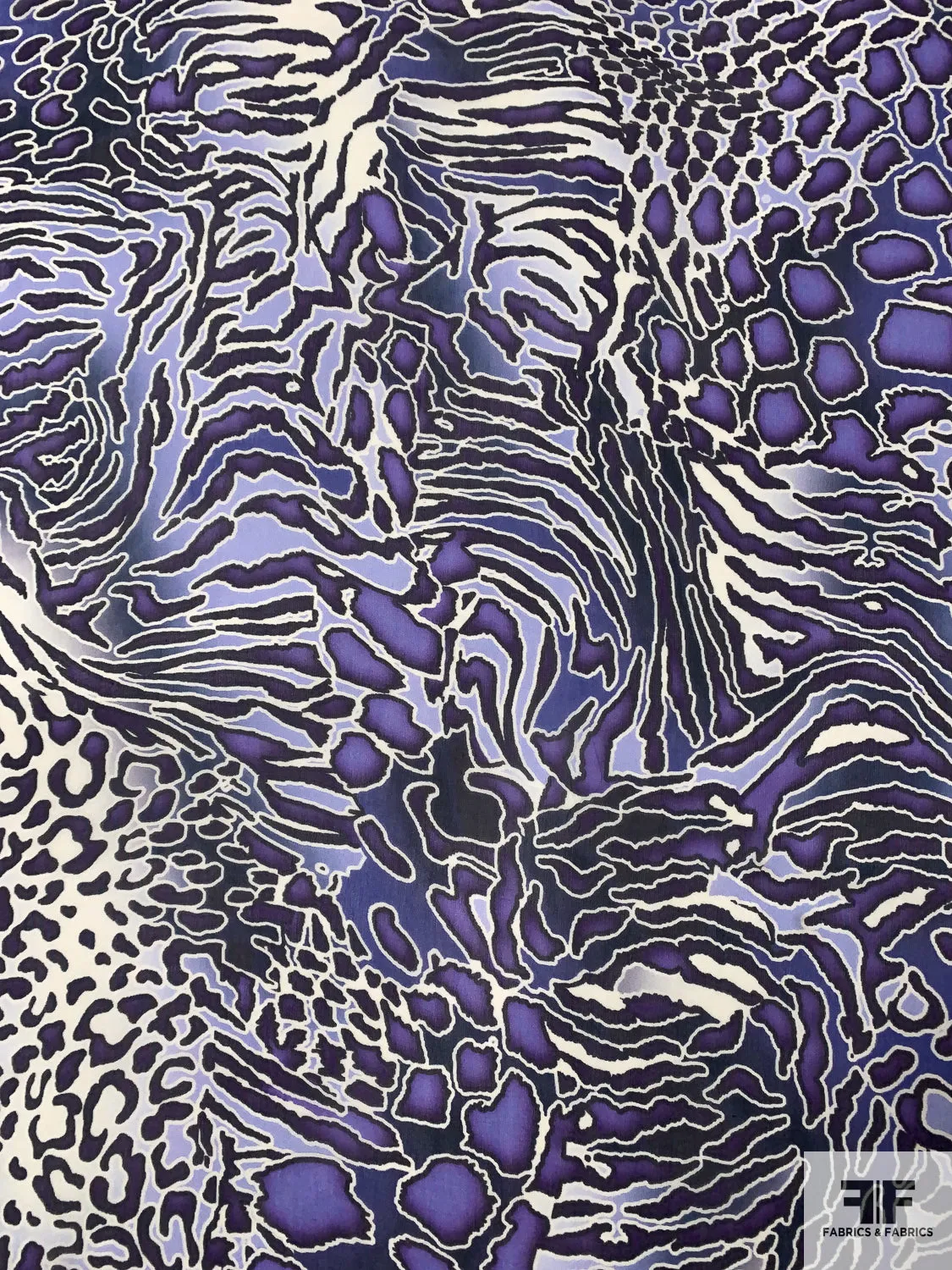 Animal Pattern Printed Silk Chiffon - Shades of Purple / Navy / Off-White