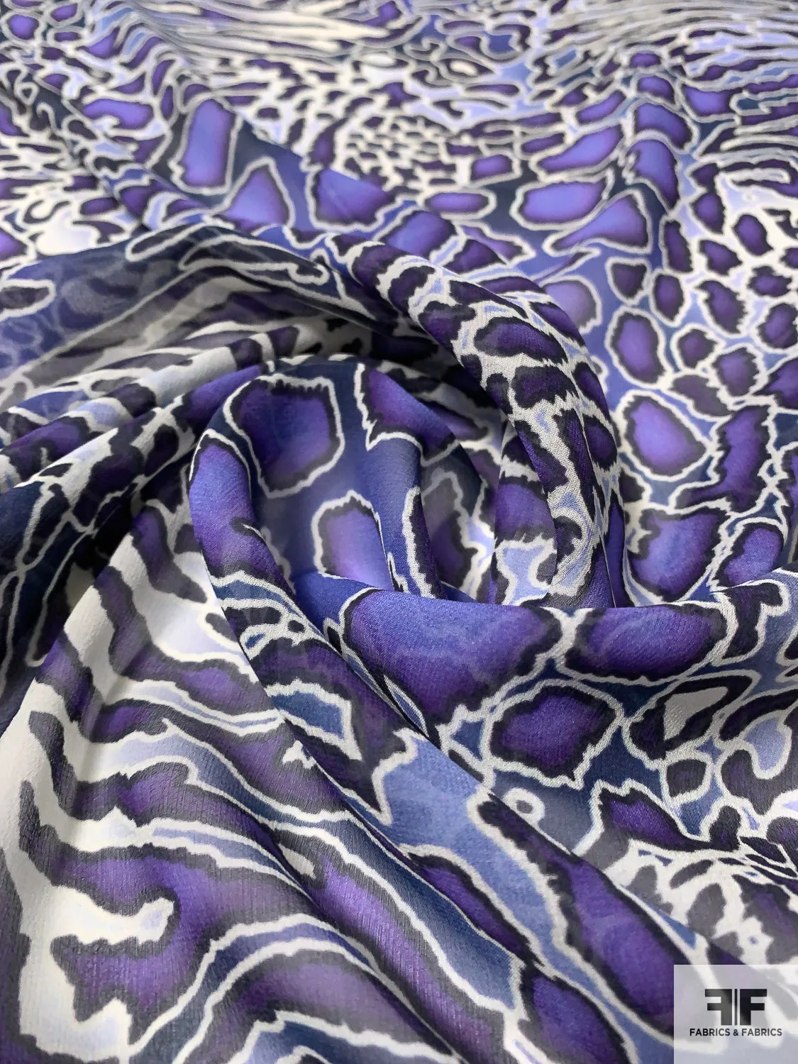 Animal Pattern Printed Silk Chiffon - Shades of Purple / Navy / Off-White