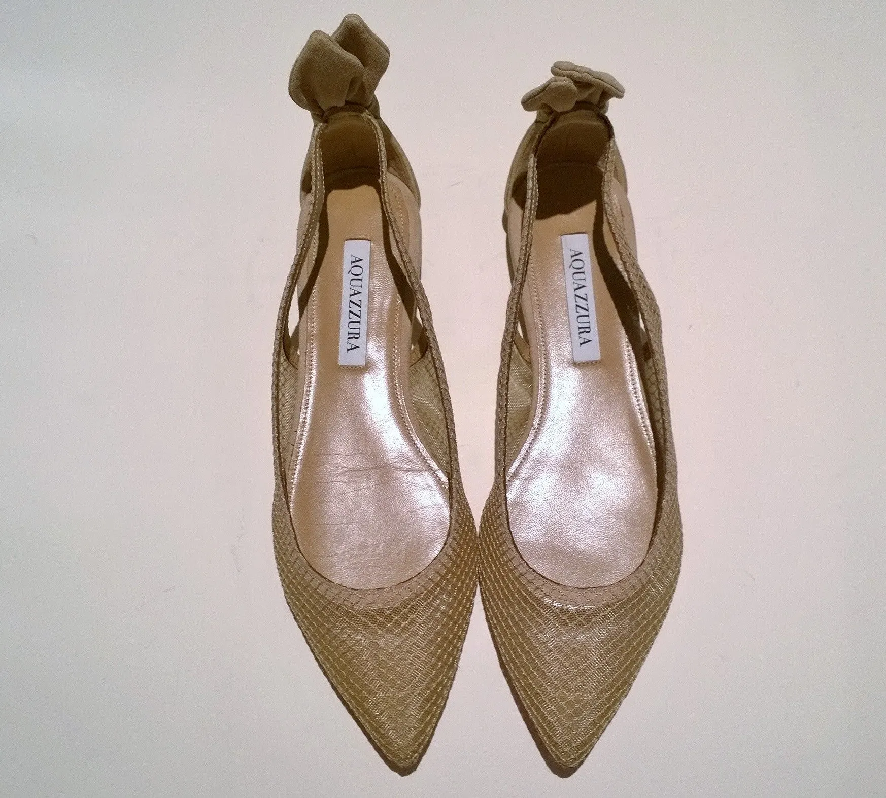 Aquazzura Bow Tie Mesh Ballet Flats in Beige Nude Shoes