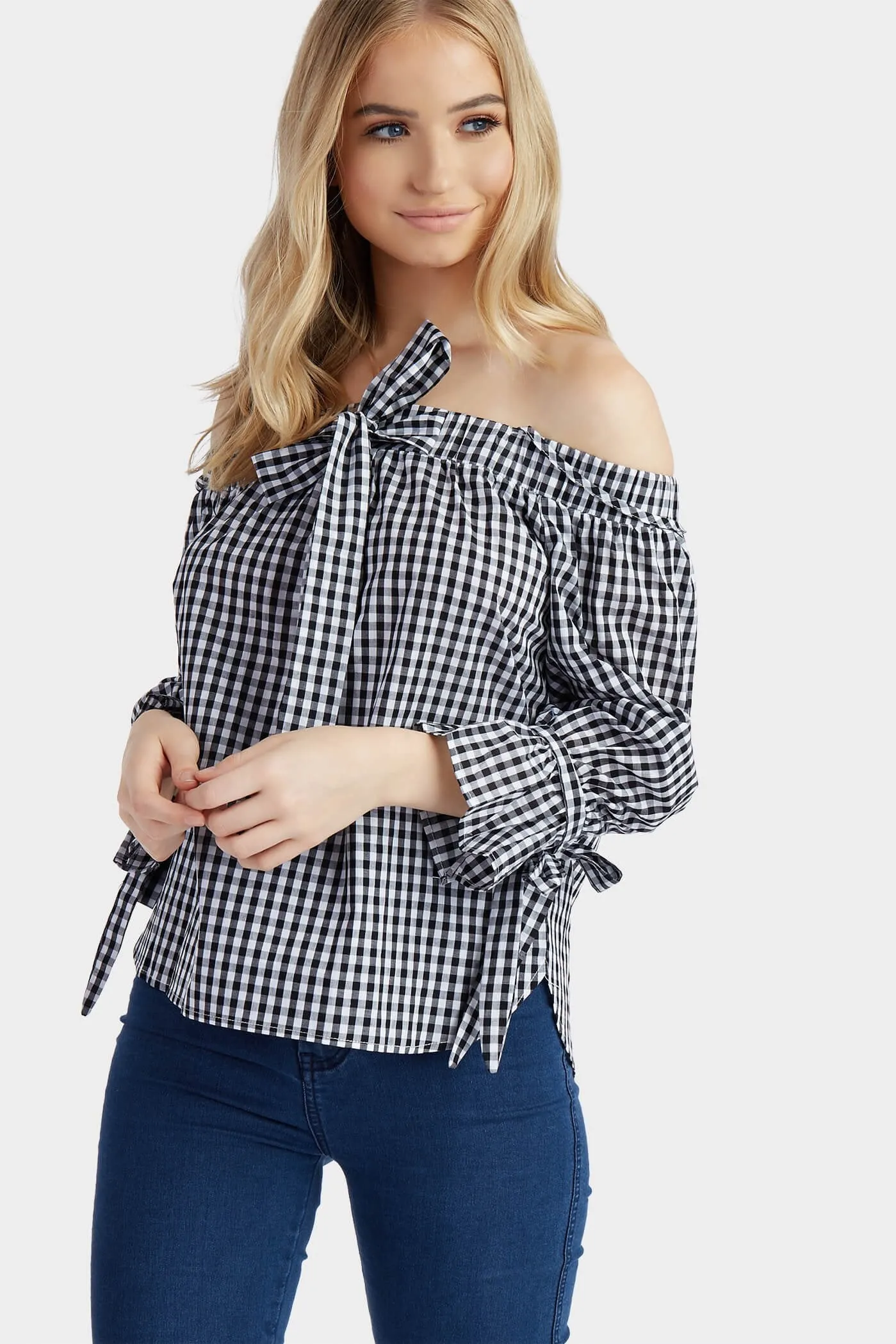 Black Gingham Tie Sleeve Bardot Top