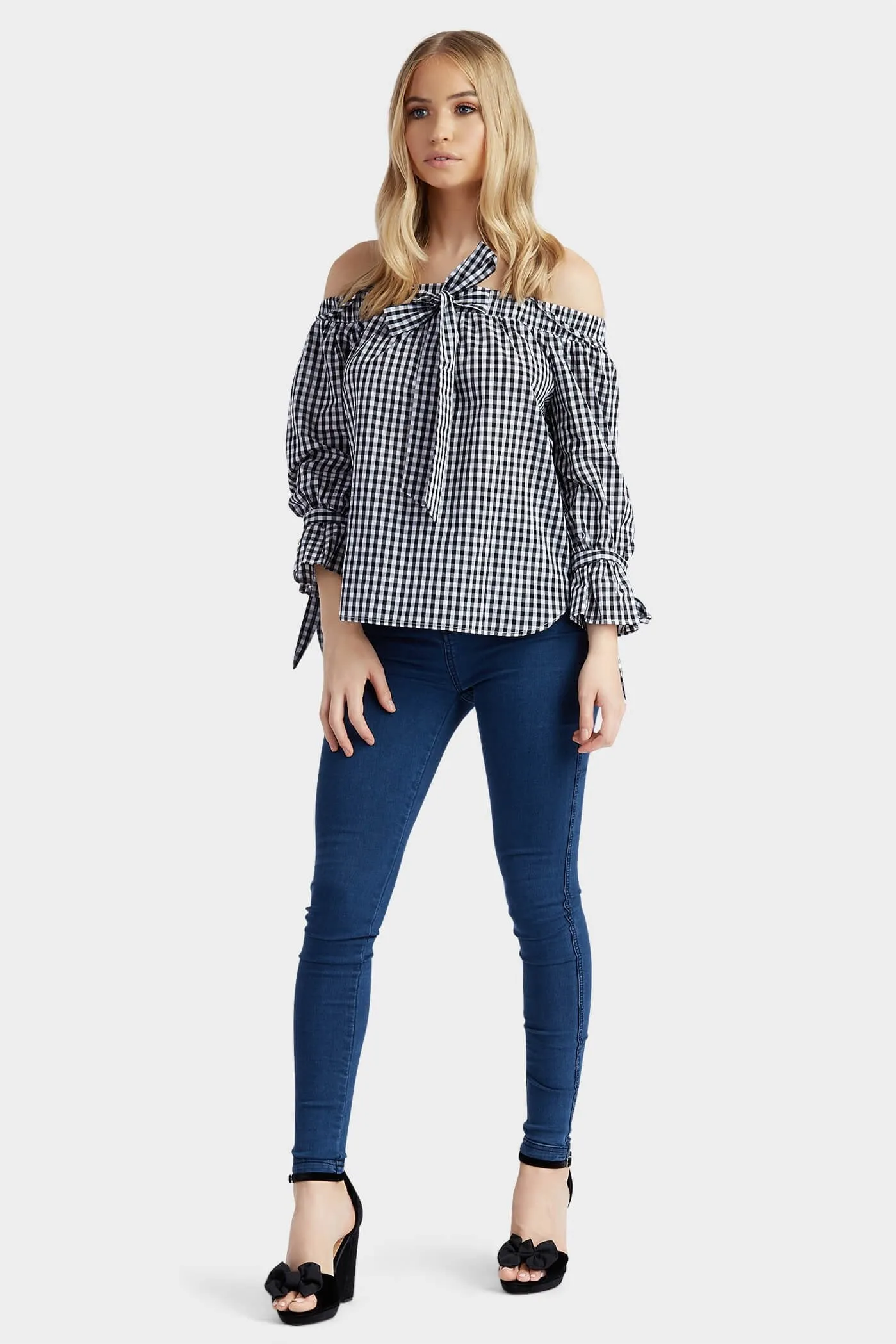 Black Gingham Tie Sleeve Bardot Top