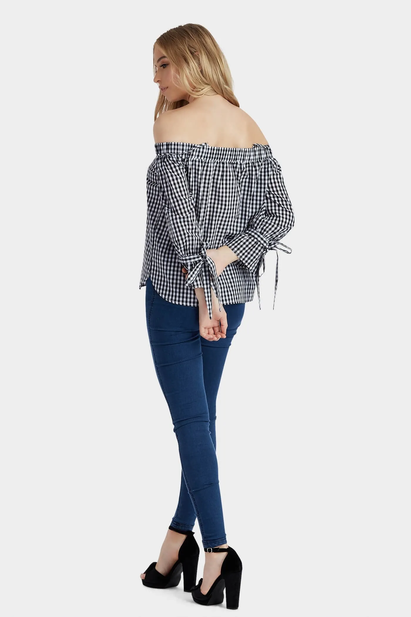 Black Gingham Tie Sleeve Bardot Top