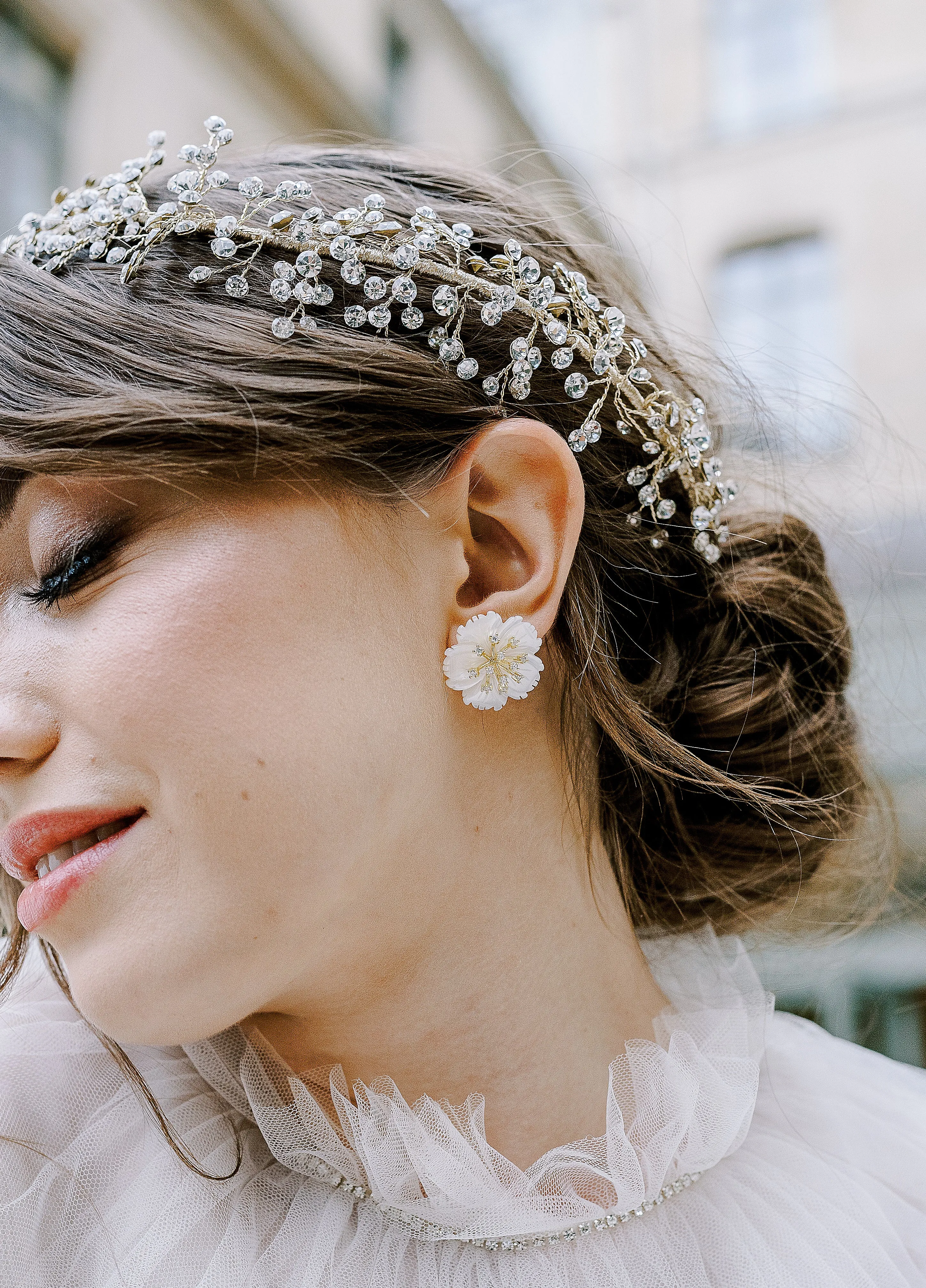 CHARLOTTE Mother of Pearl and Simulated Diamond Floral Bridal Earrings