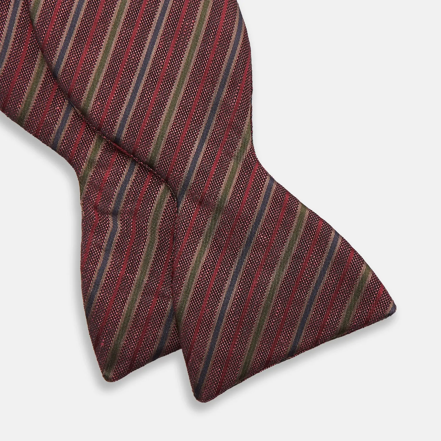 Claret and Green Multi Stripe Silk and Linen Bow Tie