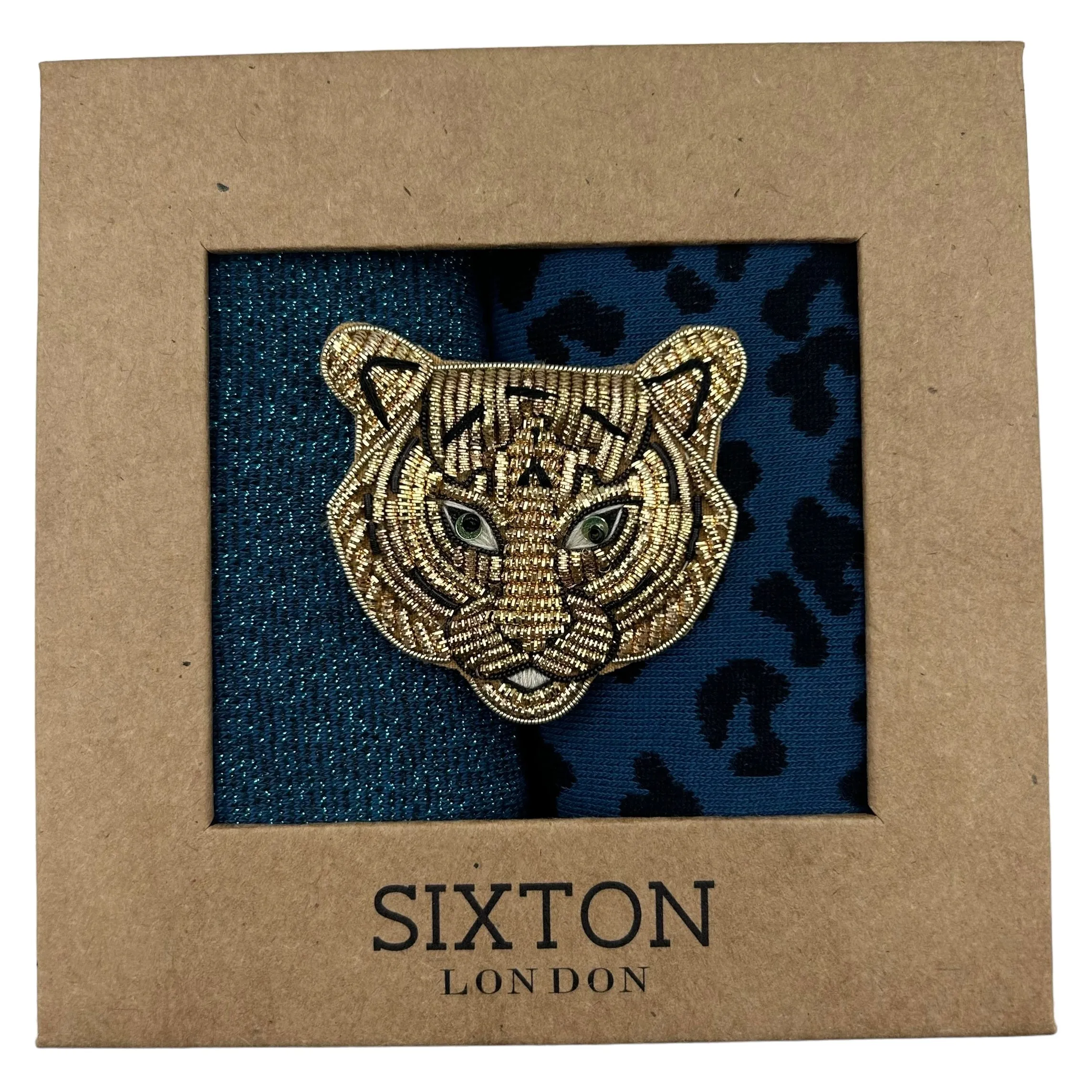 Denim leopard and  Tokyo sock box duo with pin