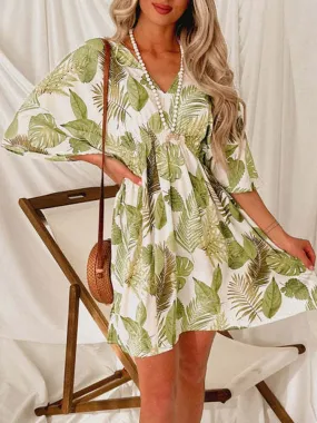 DressBetty - Chic Casual Green Leaves Print Batwing Sleeve Dress