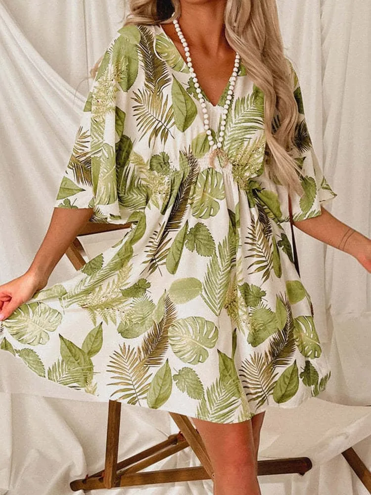 DressBetty - Chic Casual Green Leaves Print Batwing Sleeve Dress