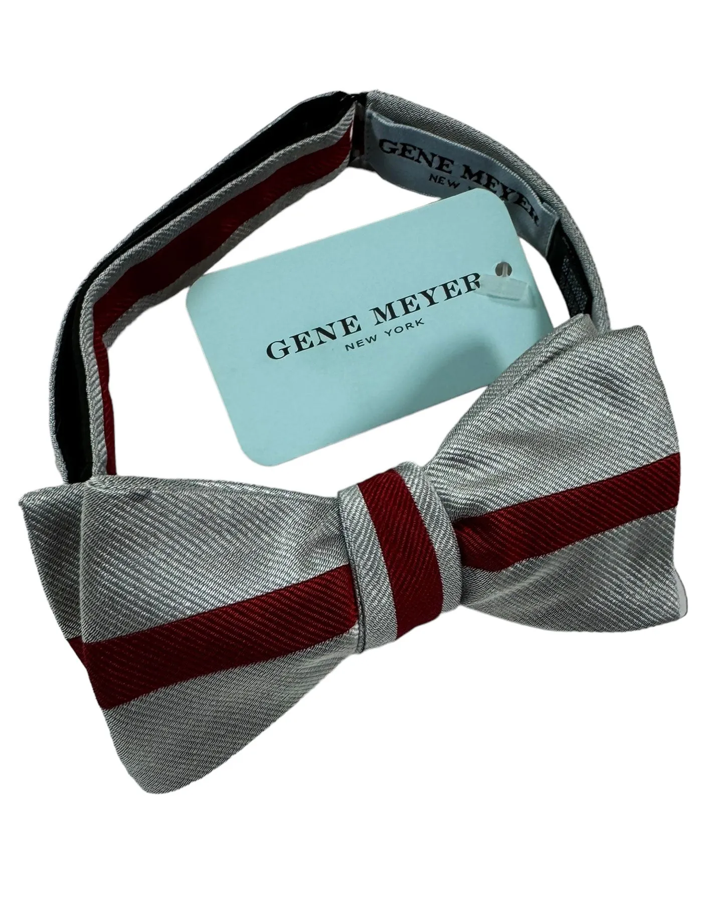 Gene Meyer Silk Bow Tie Gray-Silver Bordeaux Stripe Design - Self Tie SALE