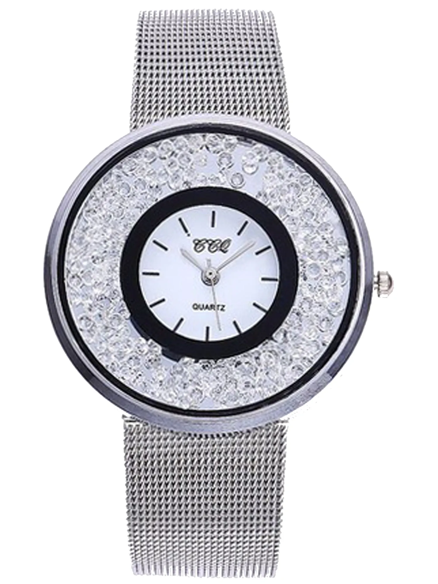 Glamorous Silver Stainless Steel Floating Crystal Watch