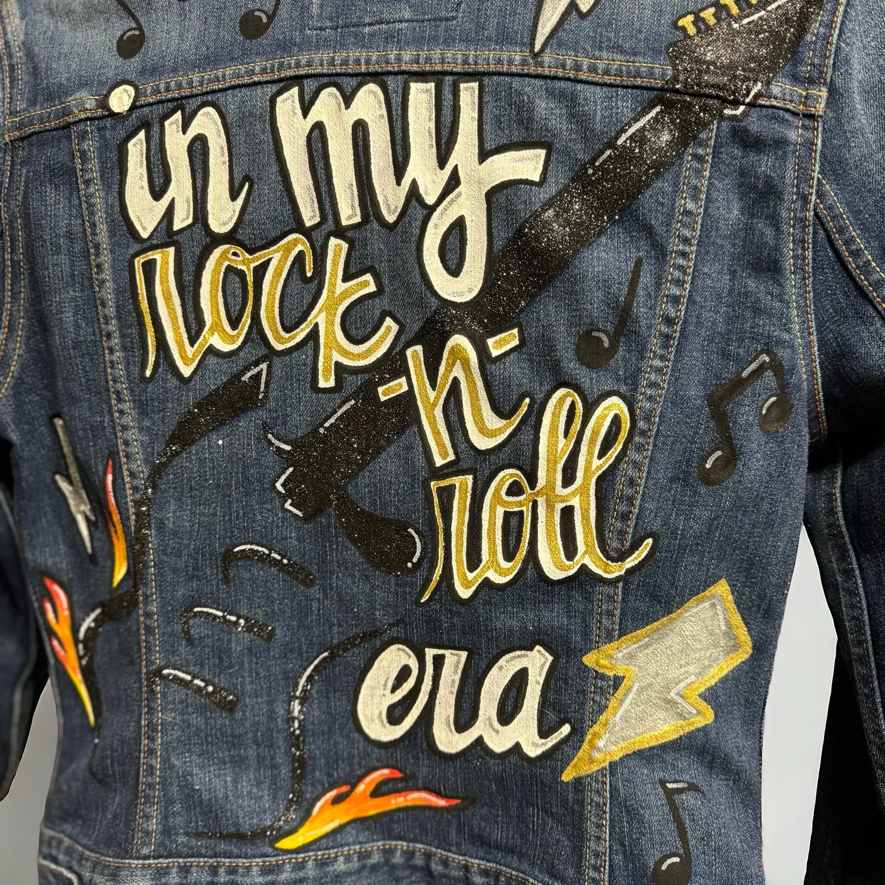 Hand Painted Jean Jacket: “In My Rock-n-Roll Era”  - Eras Tour, Mardi Gras, Jazz Feat, New Orleans, Music Concert, Festival, Parade Outfit