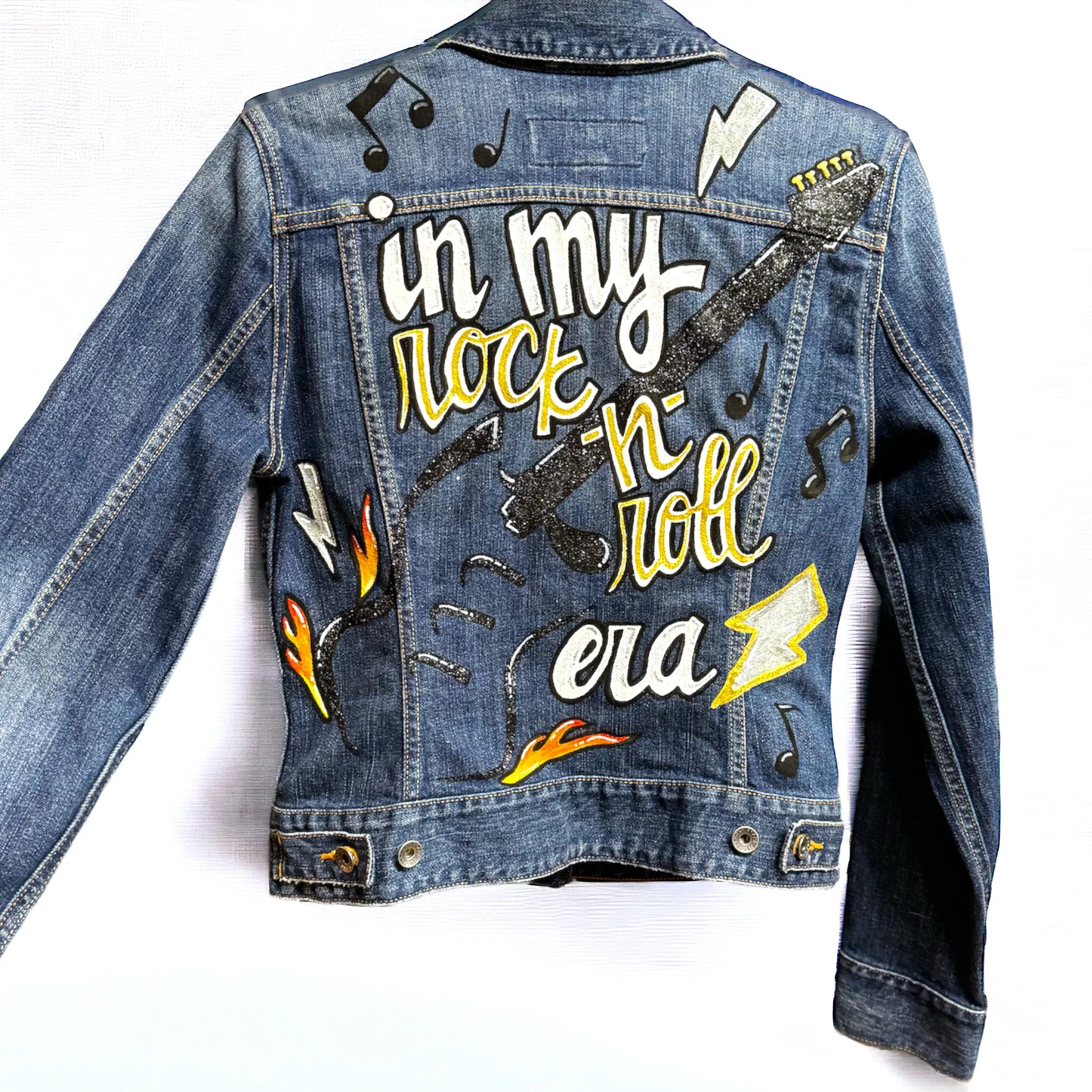 Hand Painted Jean Jacket: “In My Rock-n-Roll Era”  - Eras Tour, Mardi Gras, Jazz Feat, New Orleans, Music Concert, Festival, Parade Outfit