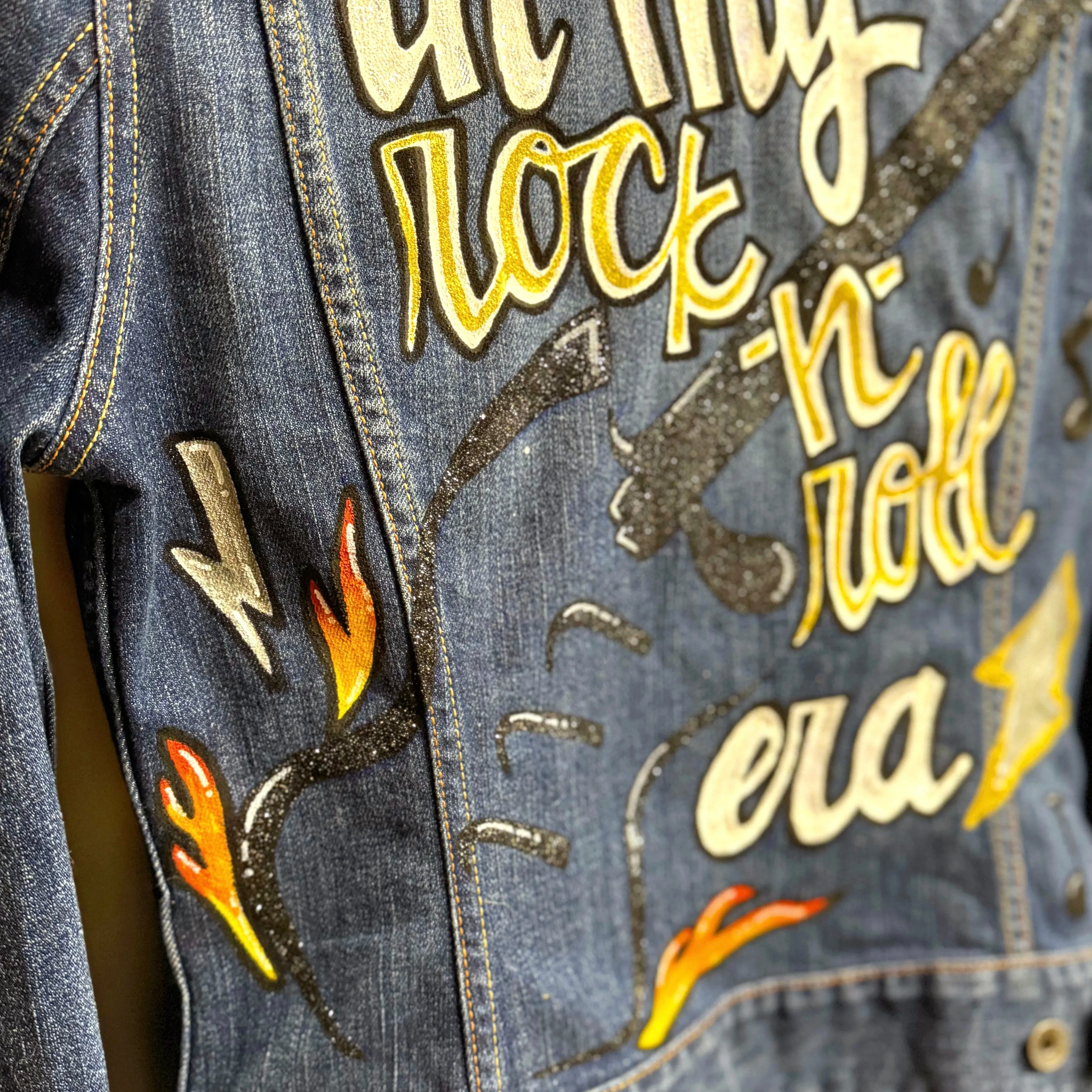 Hand Painted Jean Jacket: “In My Rock-n-Roll Era”  - Eras Tour, Mardi Gras, Jazz Feat, New Orleans, Music Concert, Festival, Parade Outfit