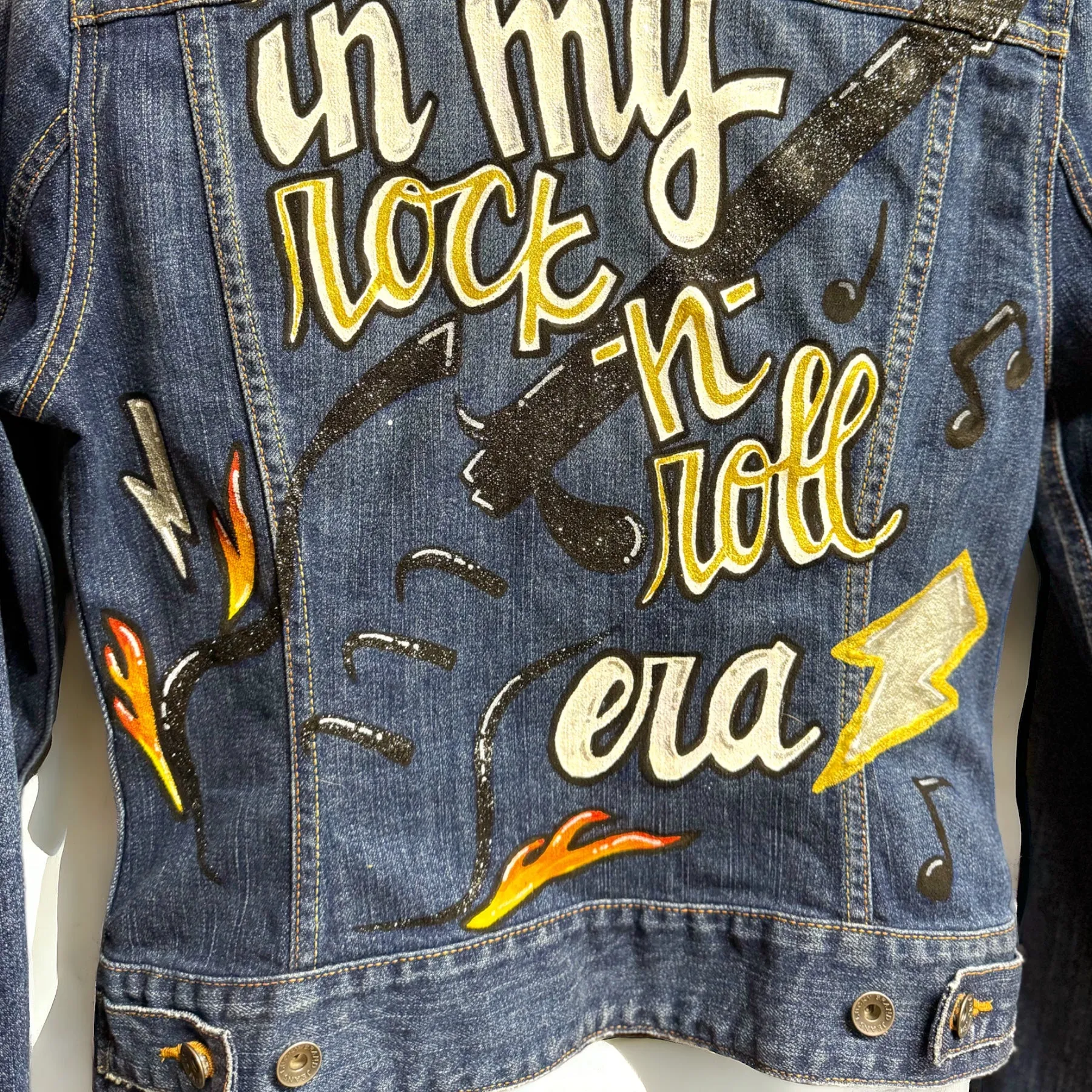 Hand Painted Jean Jacket: “In My Rock-n-Roll Era”  - Eras Tour, Mardi Gras, Jazz Feat, New Orleans, Music Concert, Festival, Parade Outfit