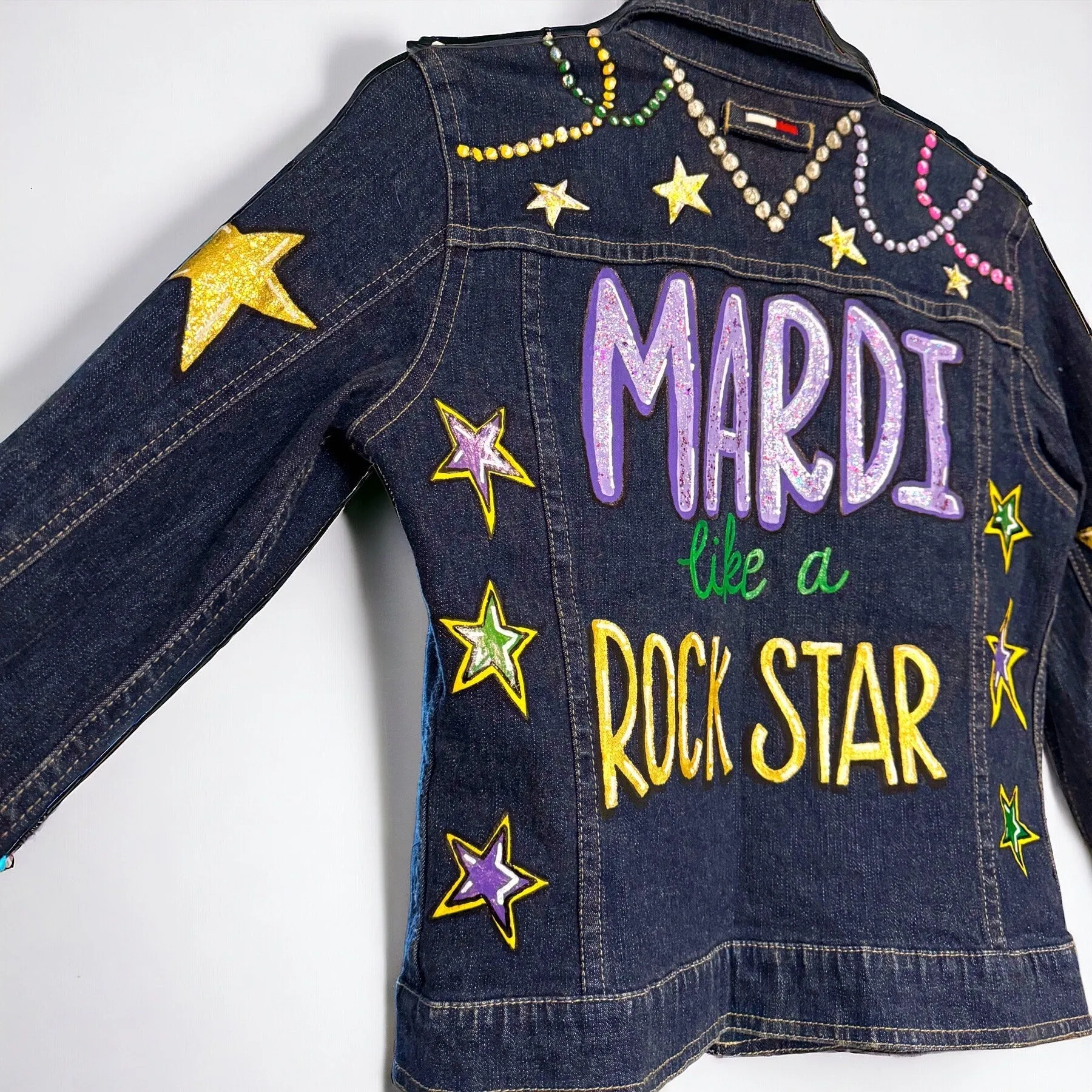 Hand Painted Mardi Gras Jean Jacket - Mardi Gras, Mardi Gras Jacket, New Orleans, Purple Green Gold, Mardi Gras, Parade Outfit, Glitter