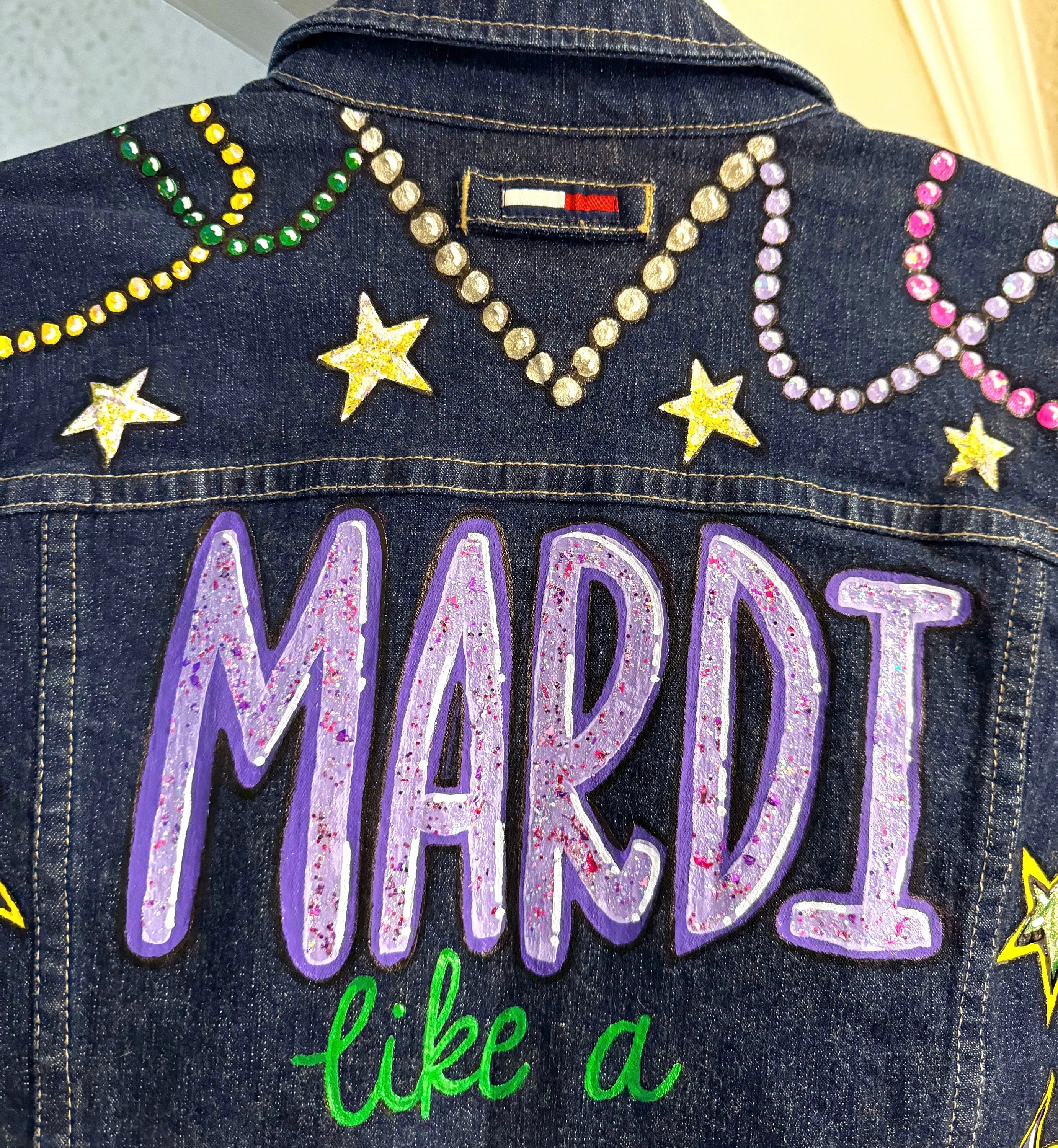 Hand Painted Mardi Gras Jean Jacket - Mardi Gras, Mardi Gras Jacket, New Orleans, Purple Green Gold, Mardi Gras, Parade Outfit, Glitter