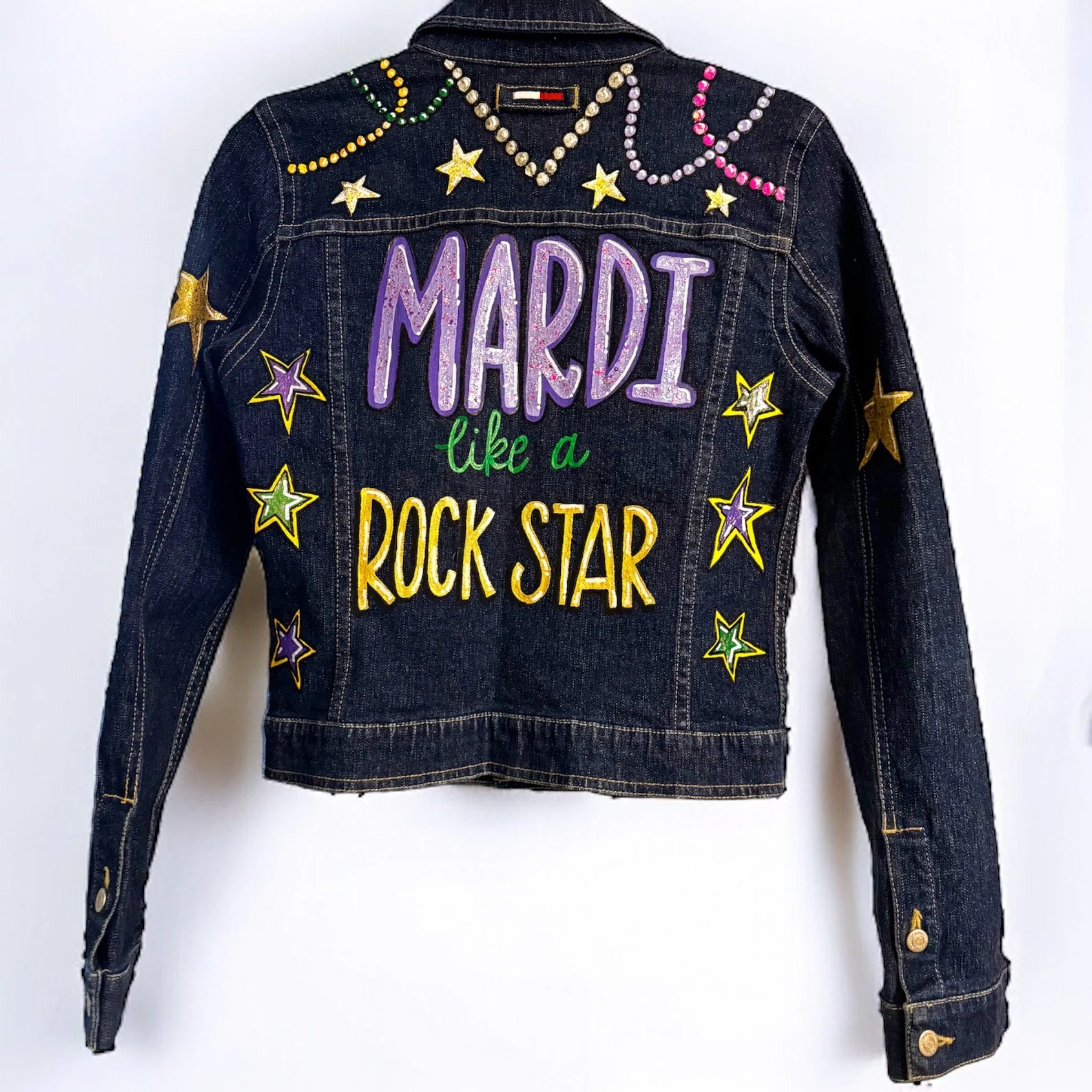 Hand Painted Mardi Gras Jean Jacket - Mardi Gras, Mardi Gras Jacket, New Orleans, Purple Green Gold, Mardi Gras, Parade Outfit, Glitter