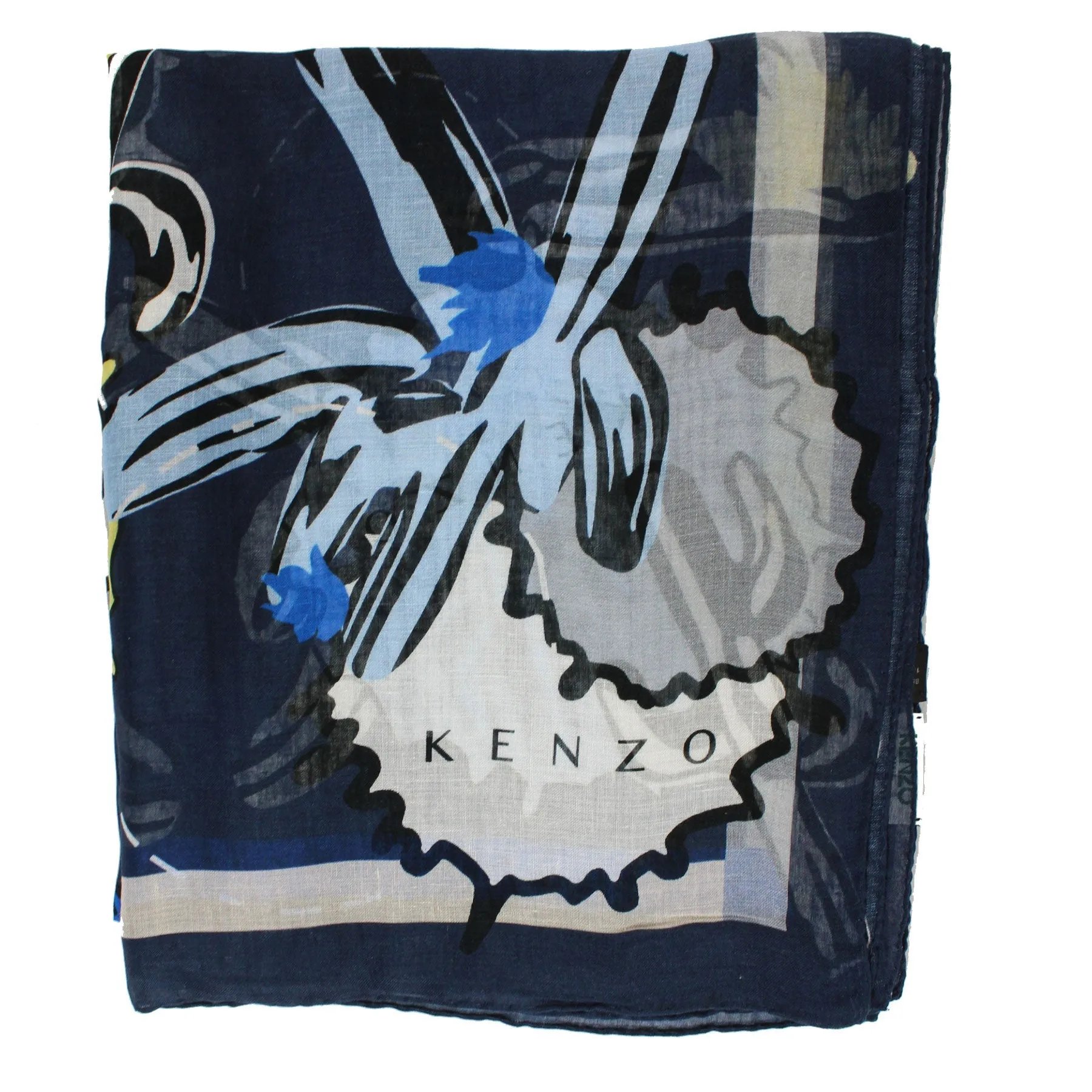 Kenzo Scarf Navy Blue Logo & Cactus Extra Large Modal Linen Wrap FINAL SALE