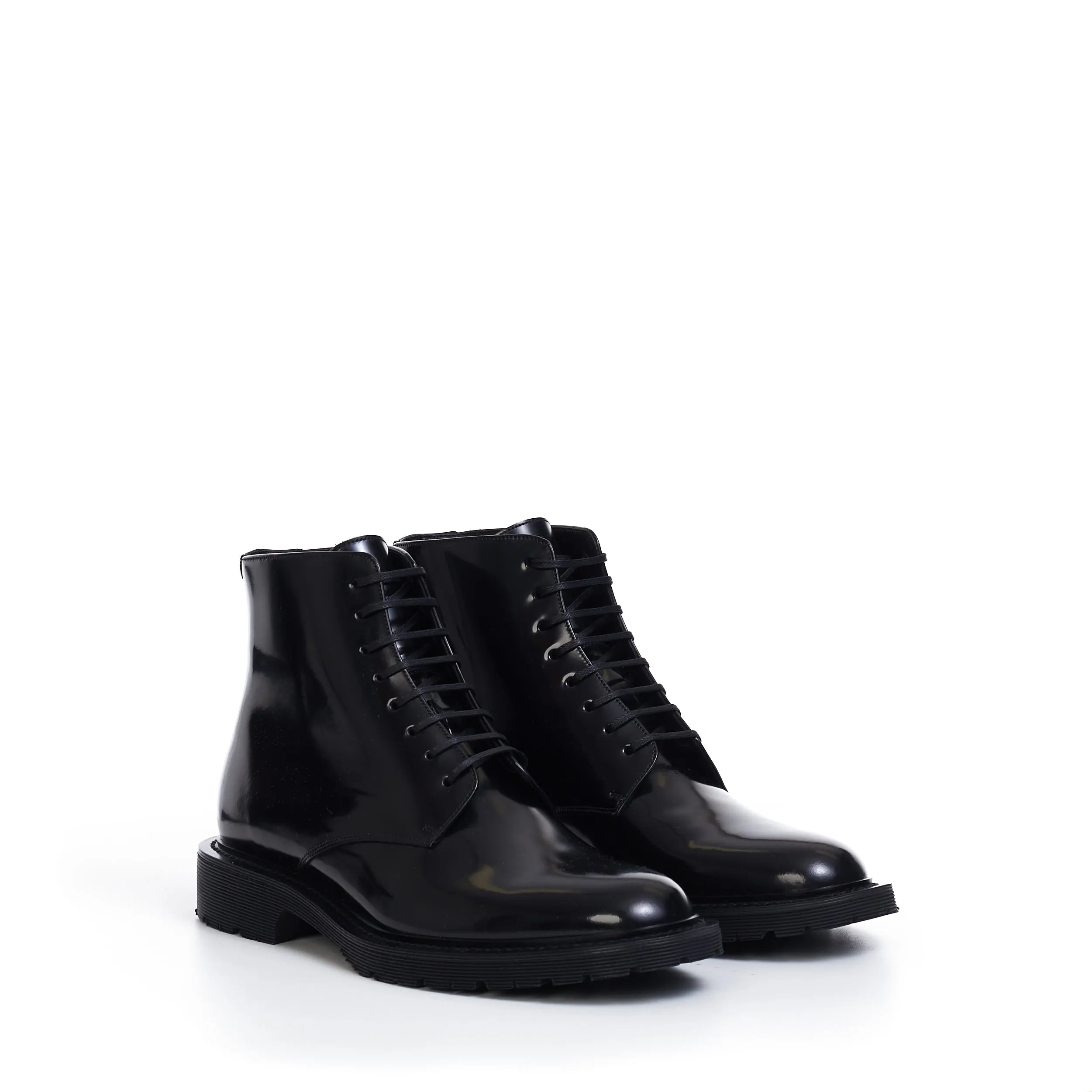 Lace-Up Army Boots In Shiny Black Leather