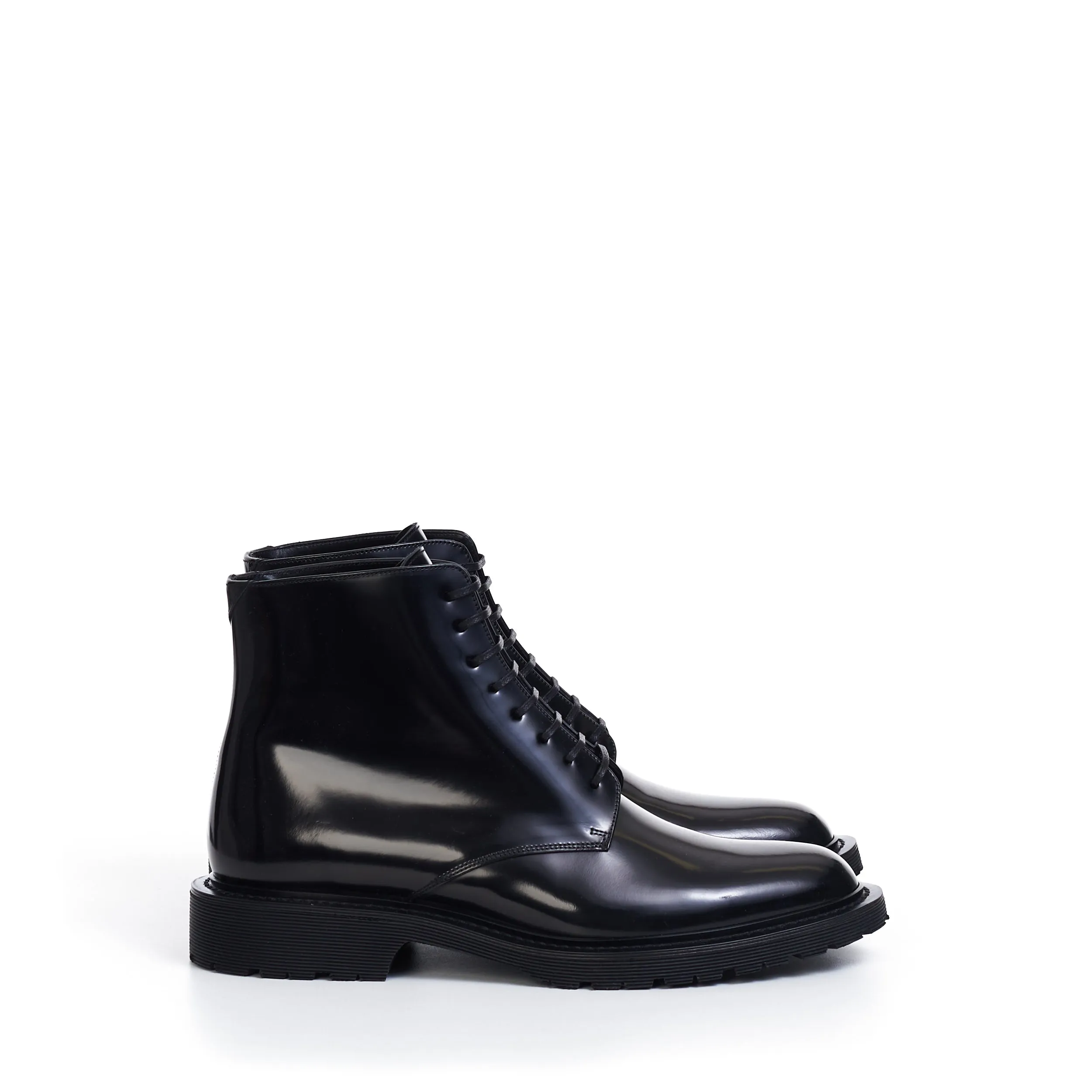 Lace-Up Army Boots In Shiny Black Leather