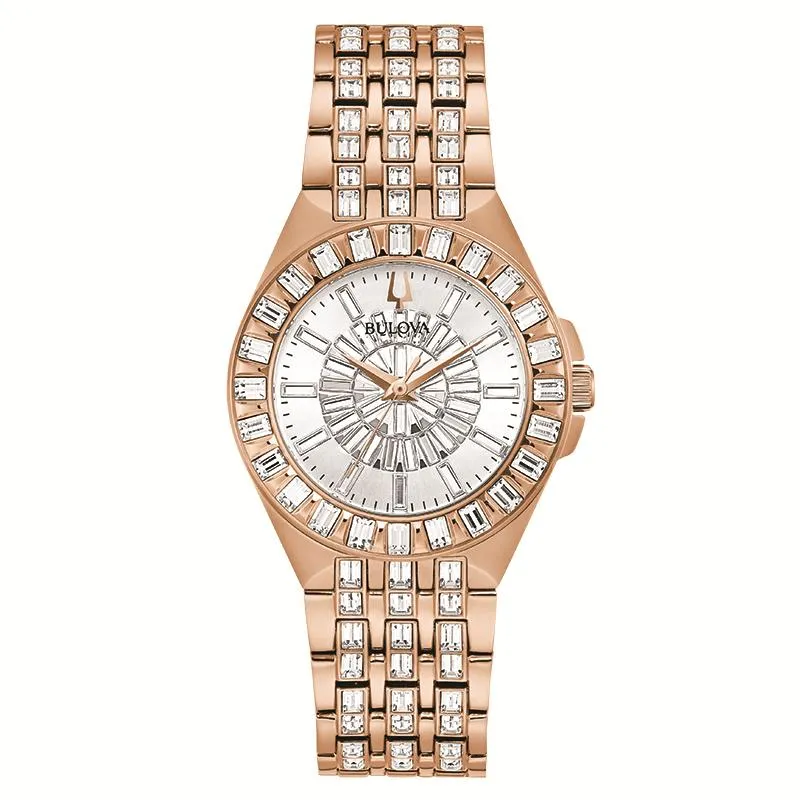 LADIES ROSE GOLD-TONE BULOVA WATCH WITH 110 CRYSTALS