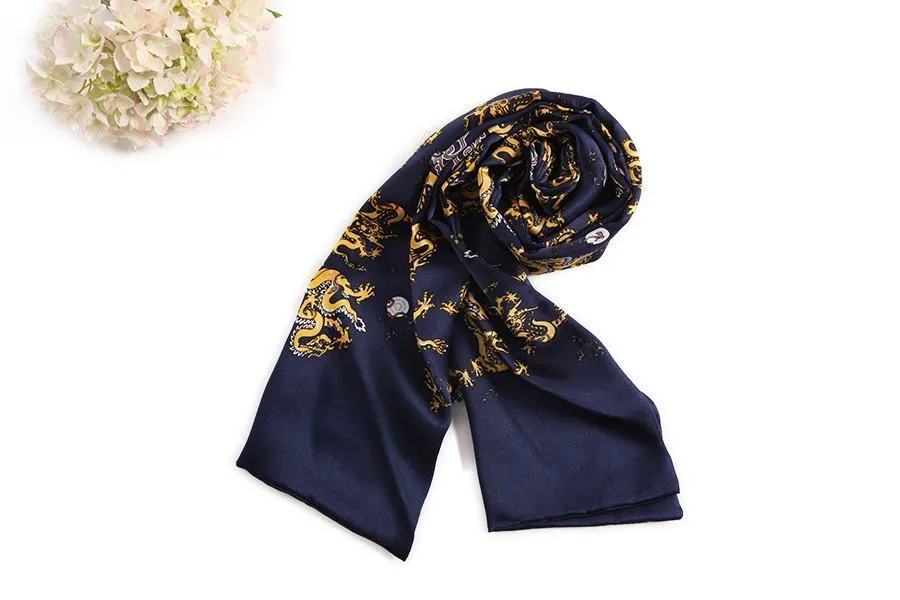 Long Silk Satin Scarf for Men Navy Blue Theme Dragon Print SFM020