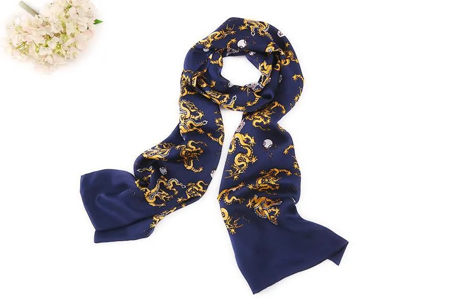 Long Silk Satin Scarf for Men Navy Blue Theme Dragon Print SFM020