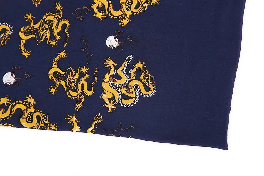 Long Silk Satin Scarf for Men Navy Blue Theme Dragon Print SFM020