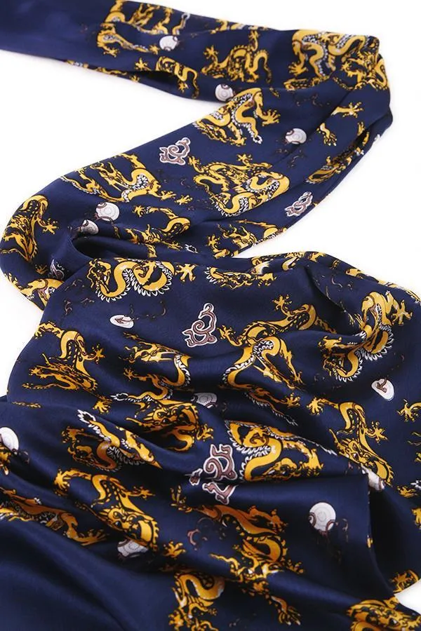 Long Silk Satin Scarf for Men Navy Blue Theme Dragon Print SFM020