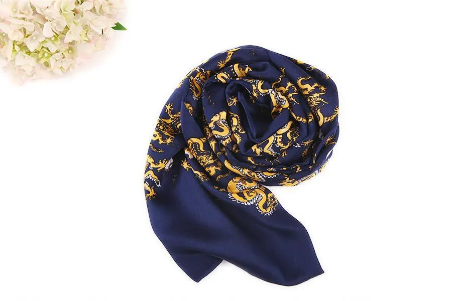 Long Silk Satin Scarf for Men Navy Blue Theme Dragon Print SFM020