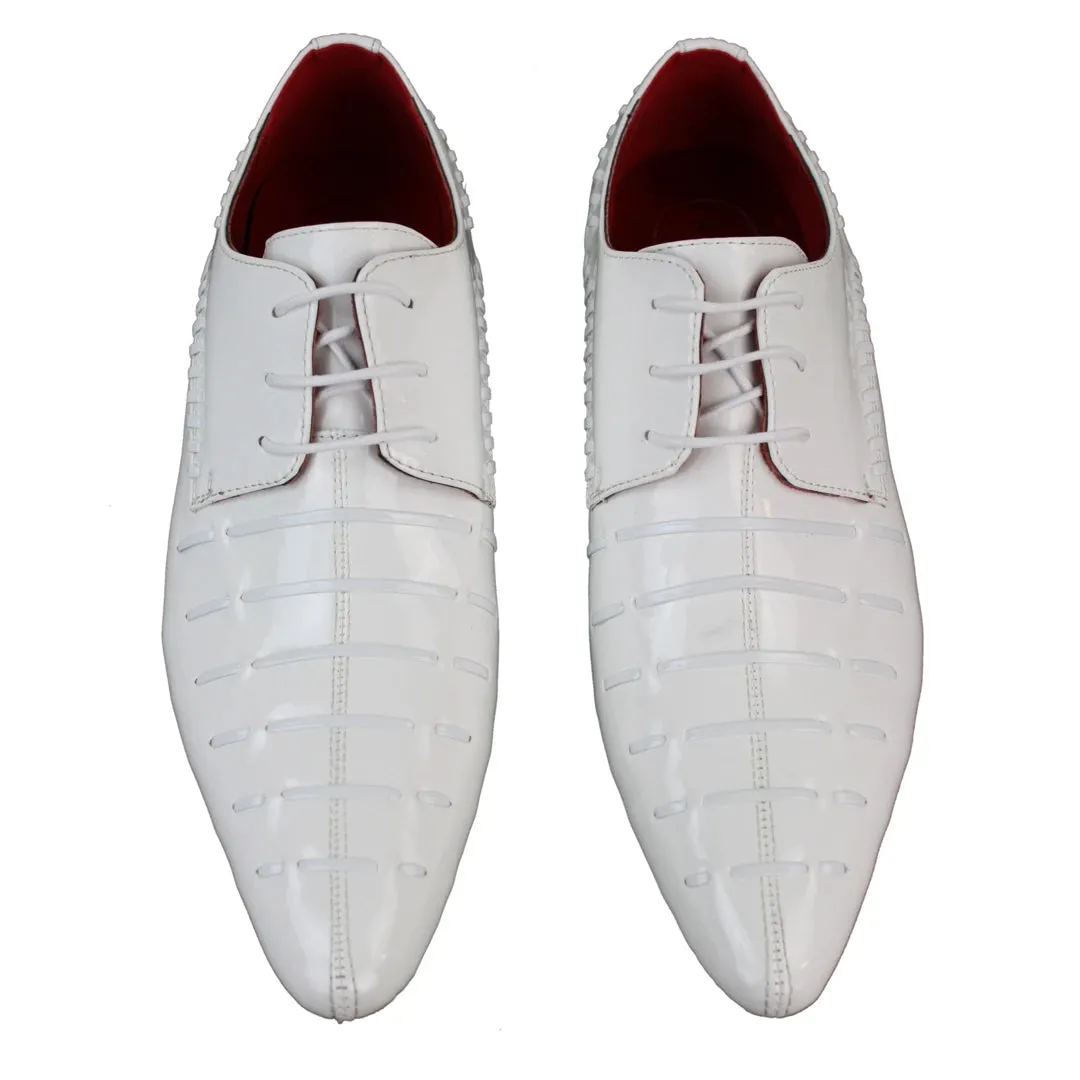 Mens Italian Design White Laced Leather Shiny Patent Shoes Smart Casual