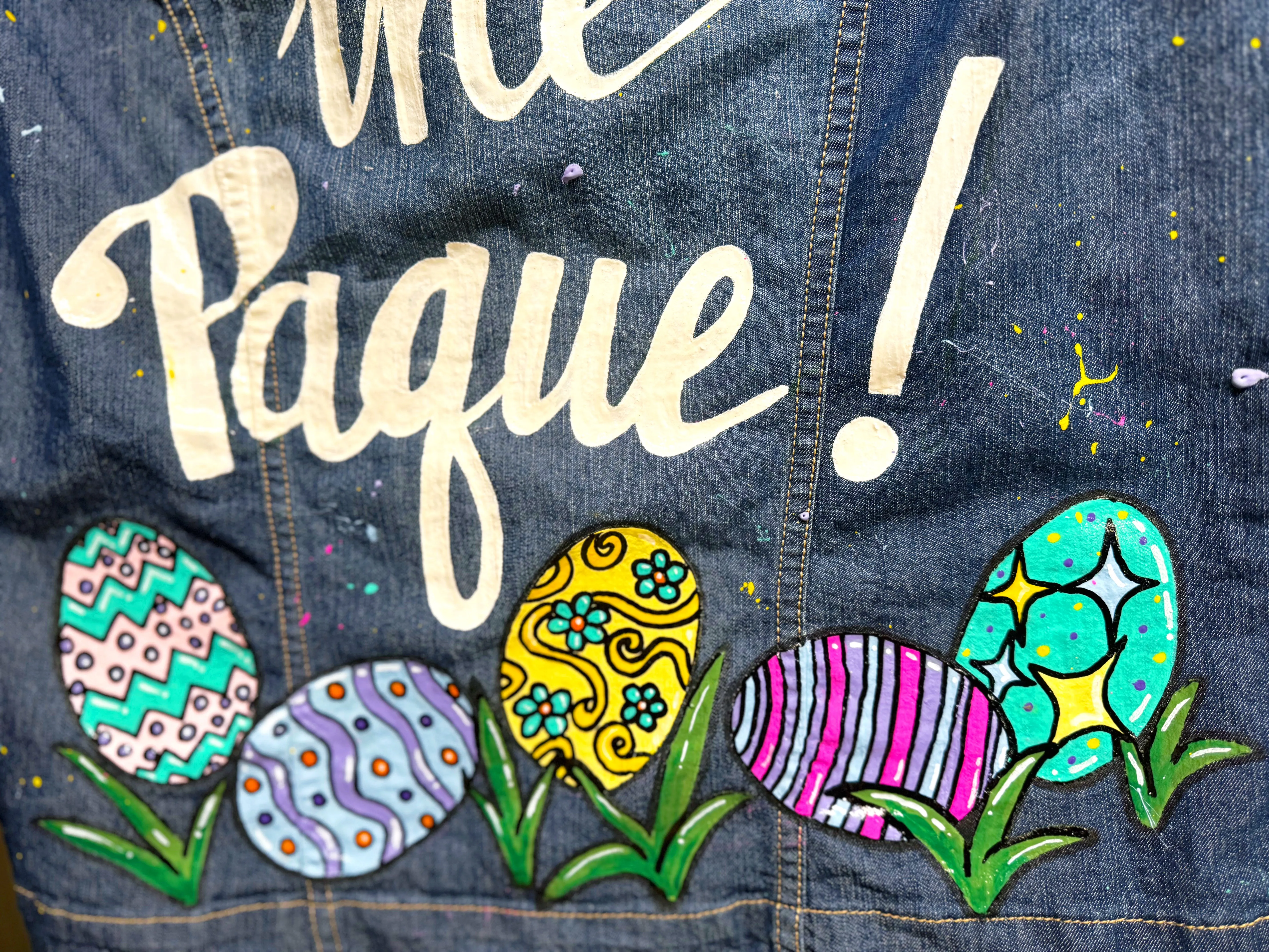 "Leader of the Paque" Hand Painted Easter Jean Jacket – Ladies Medium, Denim