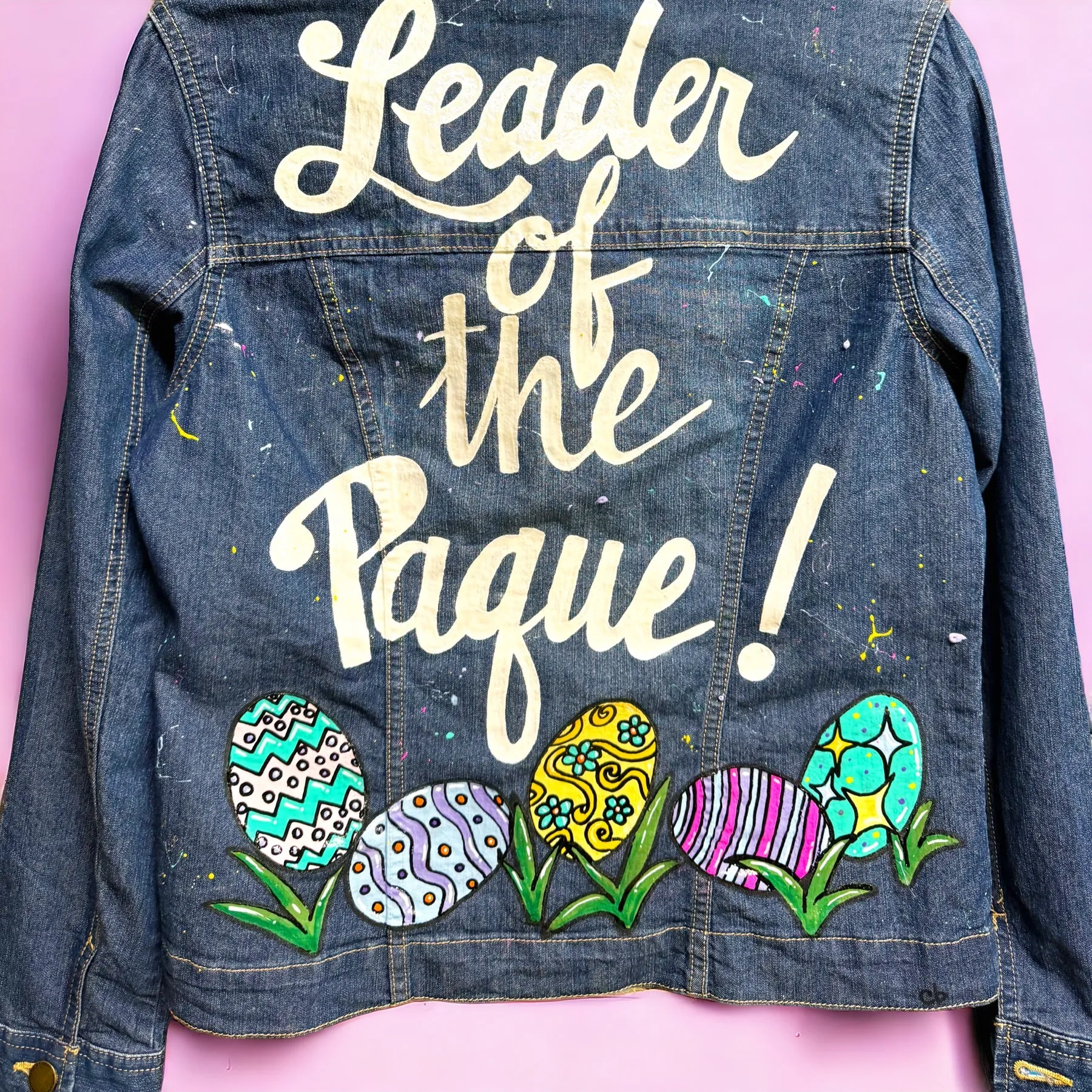 "Leader of the Paque" Hand Painted Easter Jean Jacket – Ladies Medium, Denim