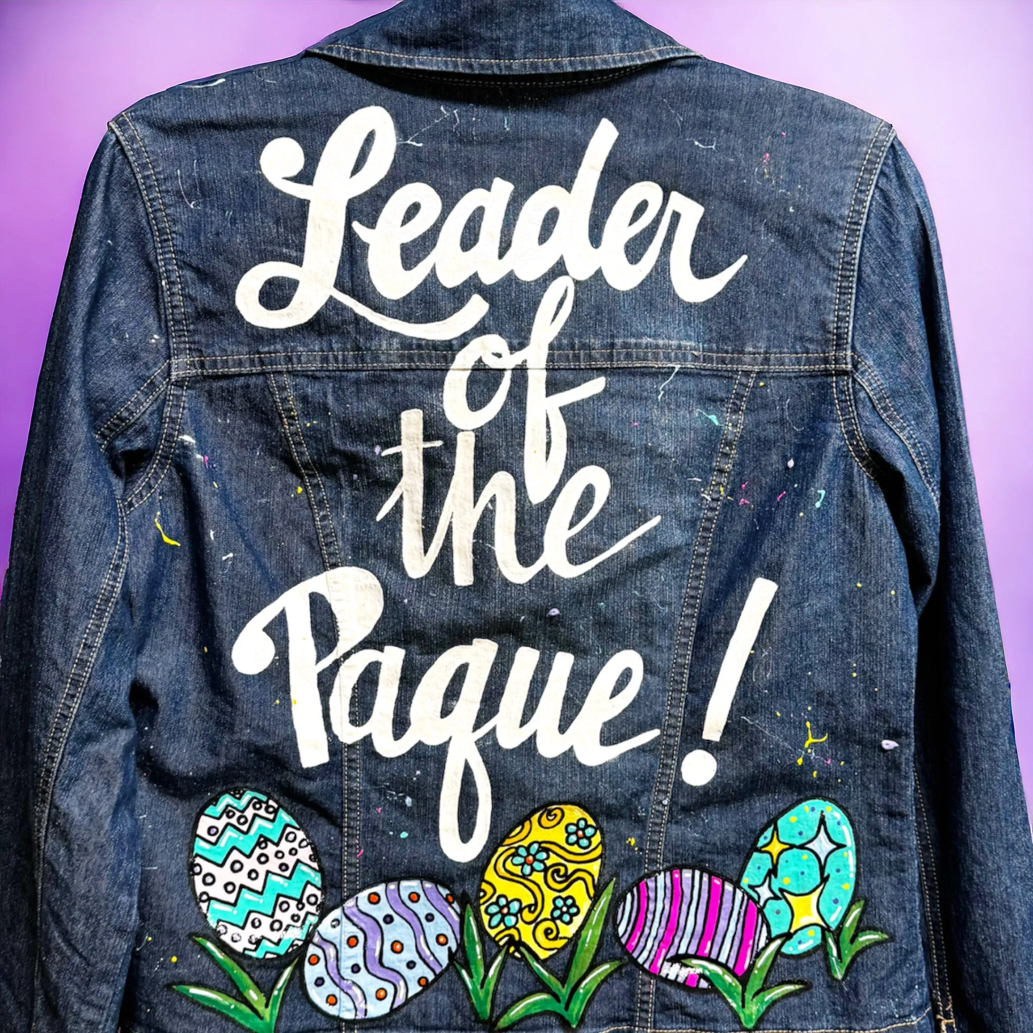 "Leader of the Paque" Hand Painted Easter Jean Jacket – Ladies Medium, Denim