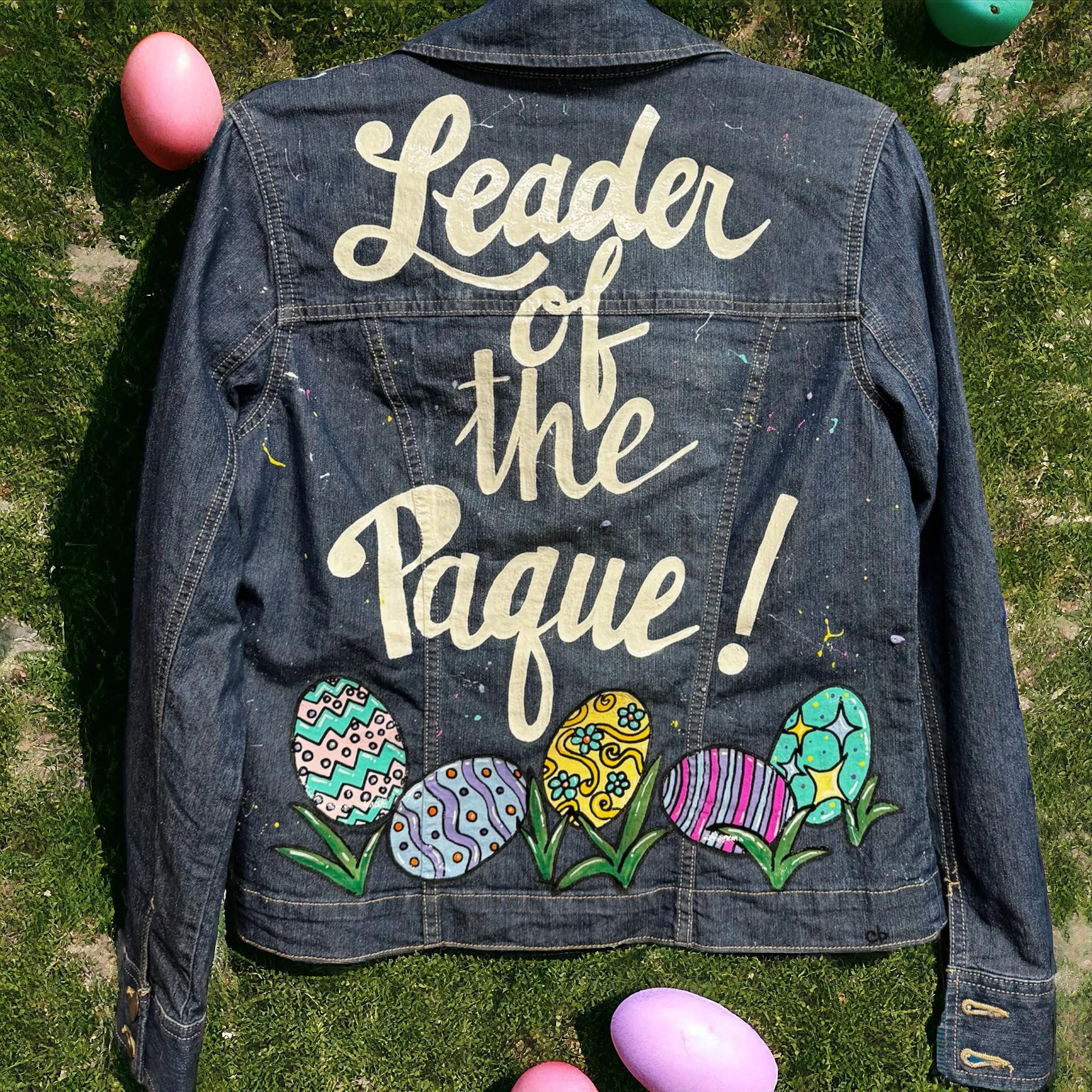 "Leader of the Paque" Hand Painted Easter Jean Jacket – Ladies Medium, Denim