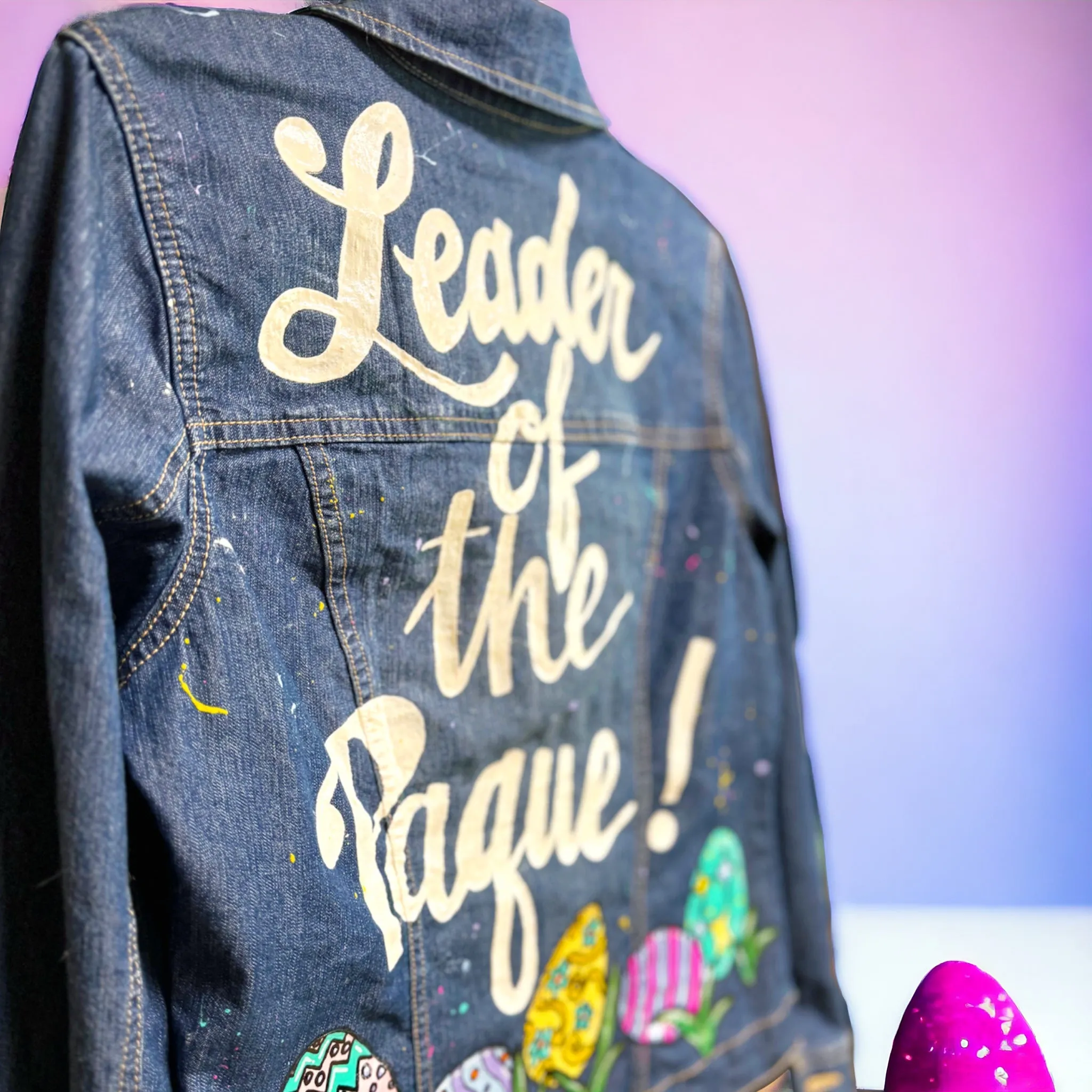 "Leader of the Paque" Hand Painted Easter Jean Jacket – Ladies Medium, Denim