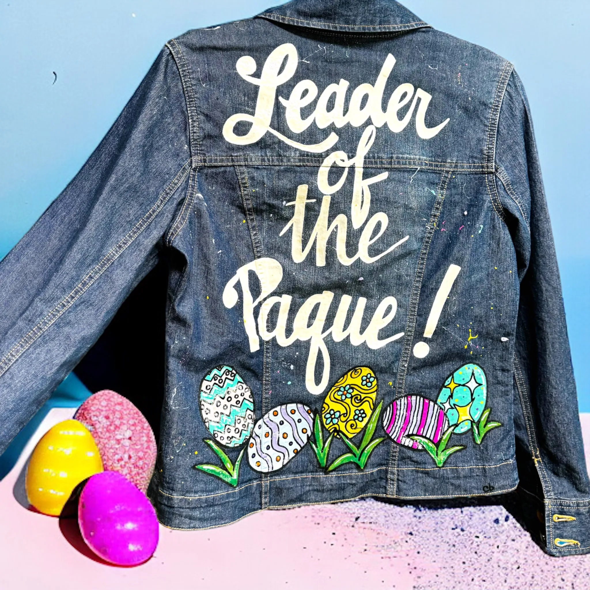 "Leader of the Paque" Hand Painted Easter Jean Jacket – Ladies Medium, Denim