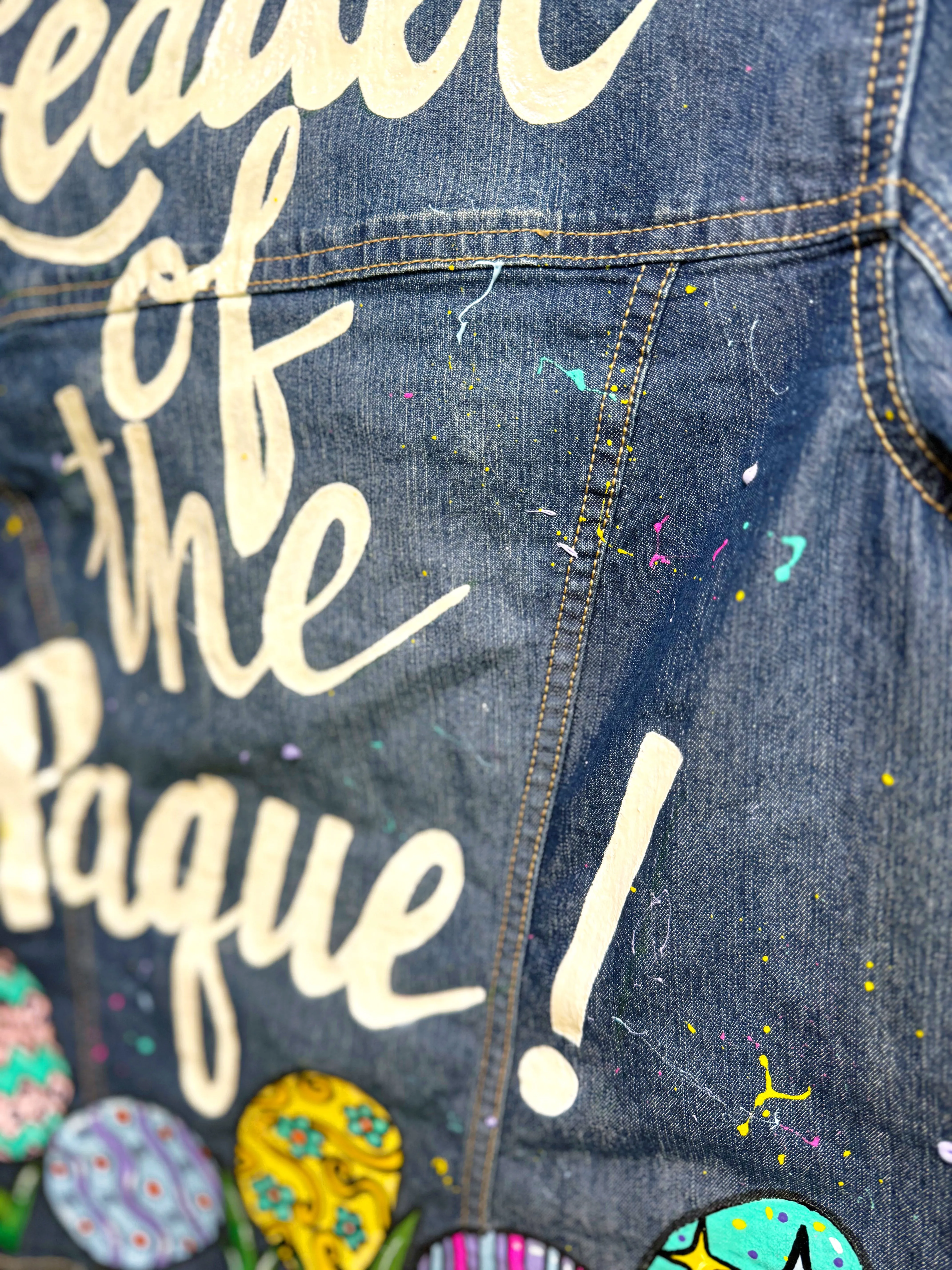 "Leader of the Paque" Hand Painted Easter Jean Jacket – Ladies Medium, Denim