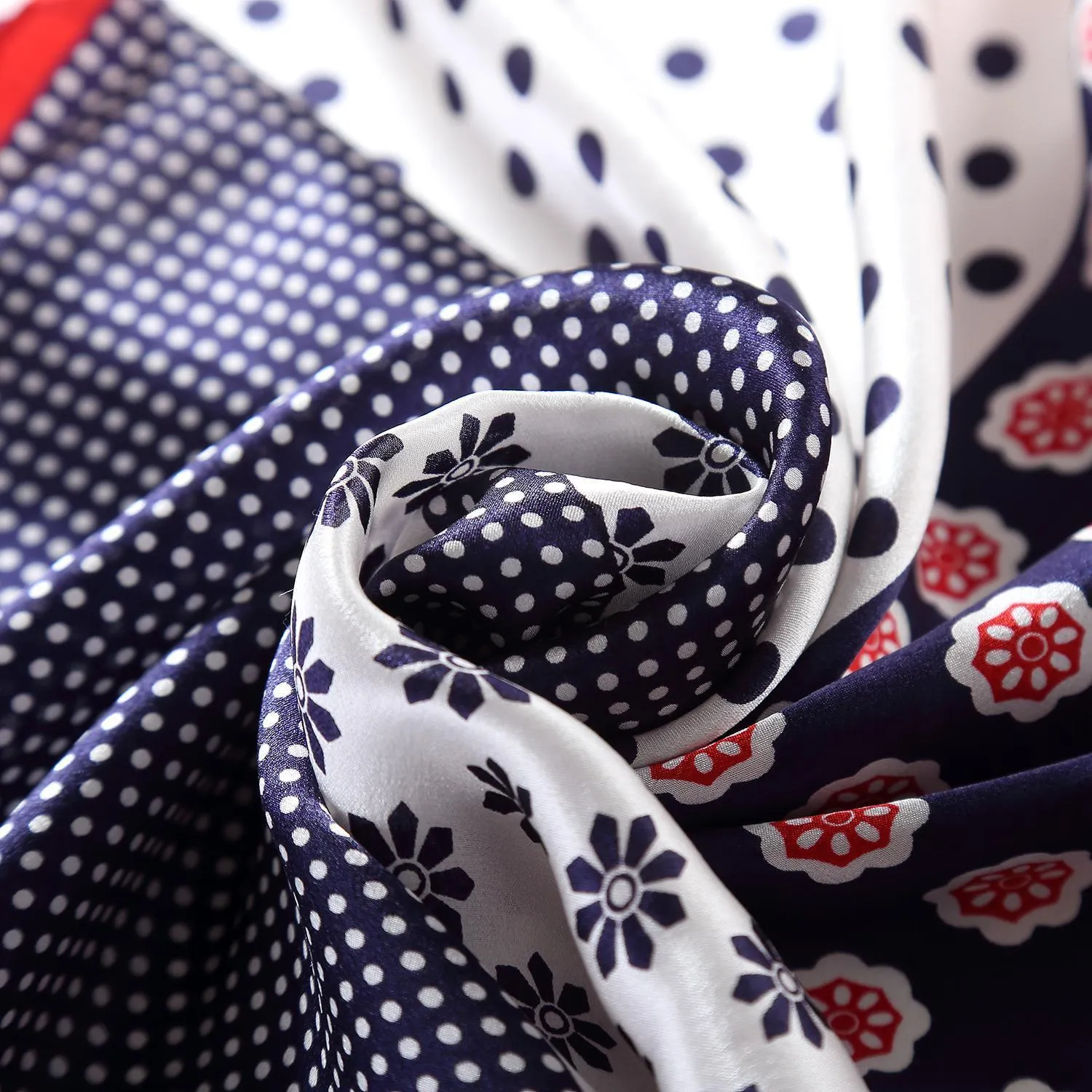 Silk Neckerchief Small Square Silk Scarf Red and Navy Polka Dot Print XFJ235