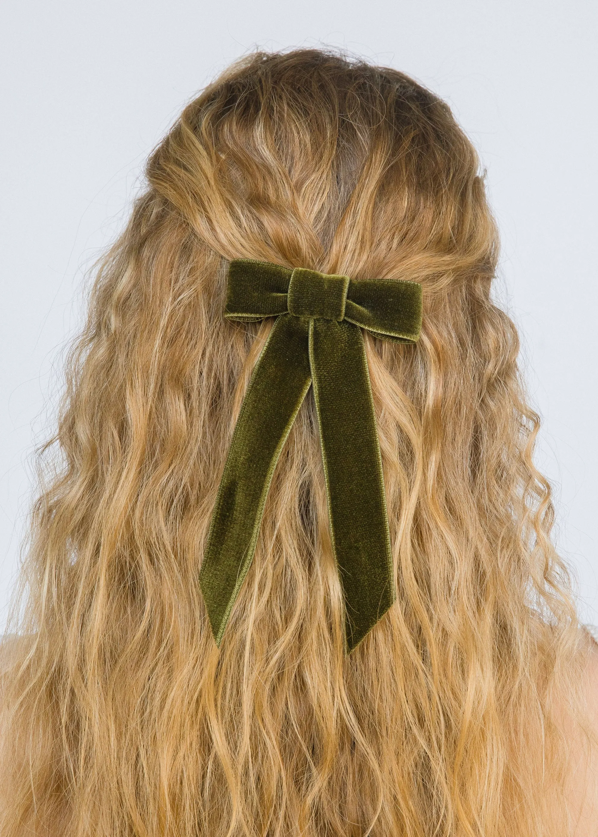 Velvet Bow Barrette -- Moss