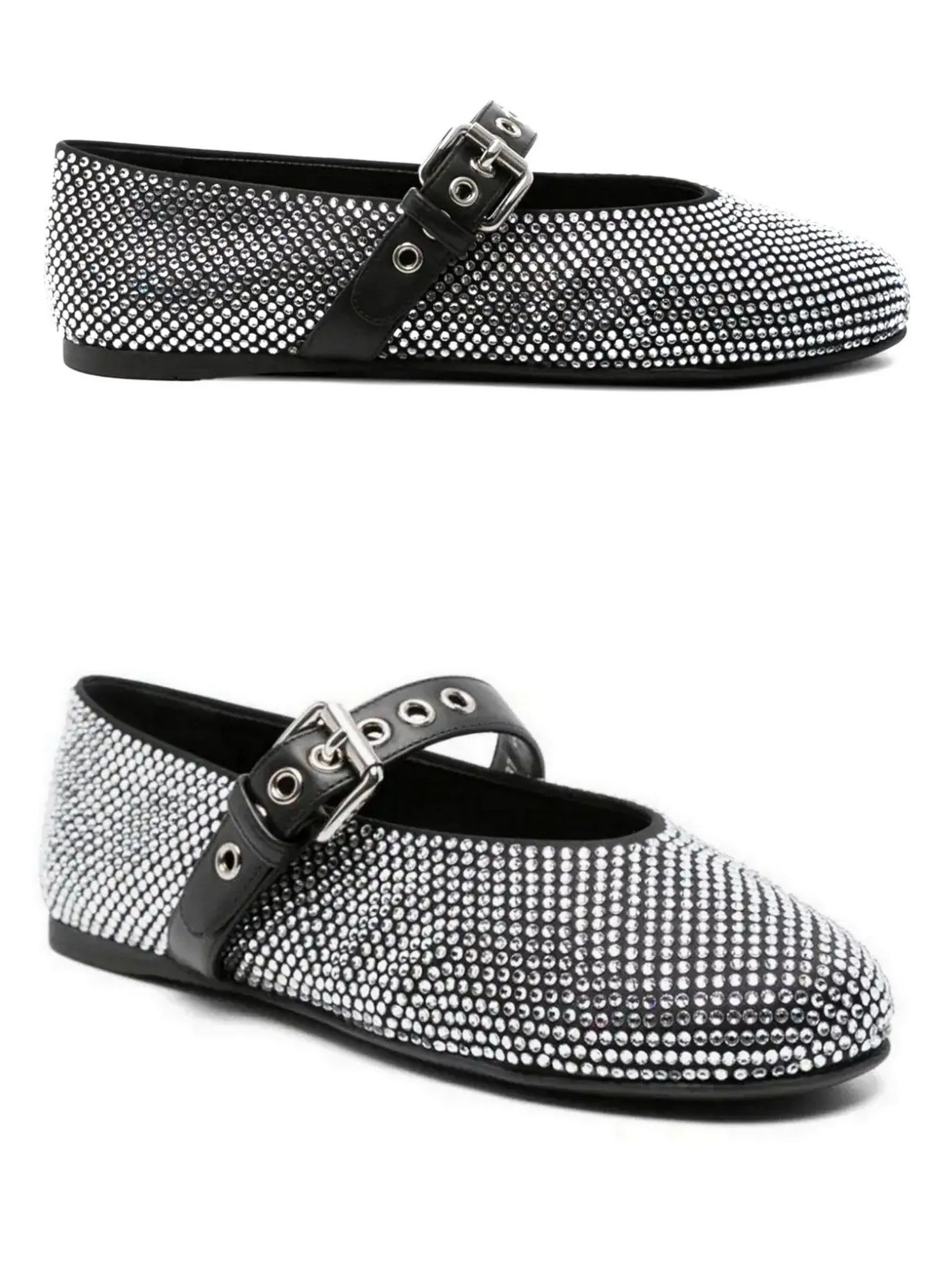 Women’s Crystal-Embellished Black Leather Ballerina Flats